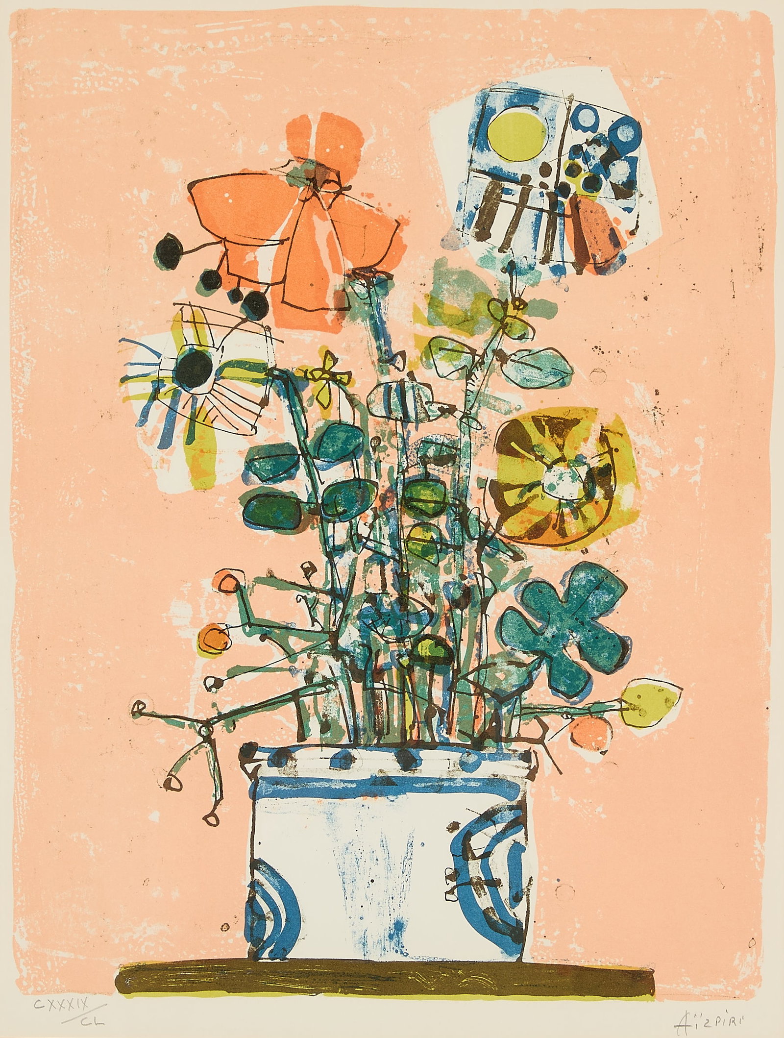 Paul Aizpiri Bouquet of Flowers Lithograph: Paul Aizpiri (French, 1919-2016). Lithograph print on paper depicting an abstract floral still life. Pencil signed along the lower right; numbered "CXXXIX/CL" along the lower left. With an artist biog