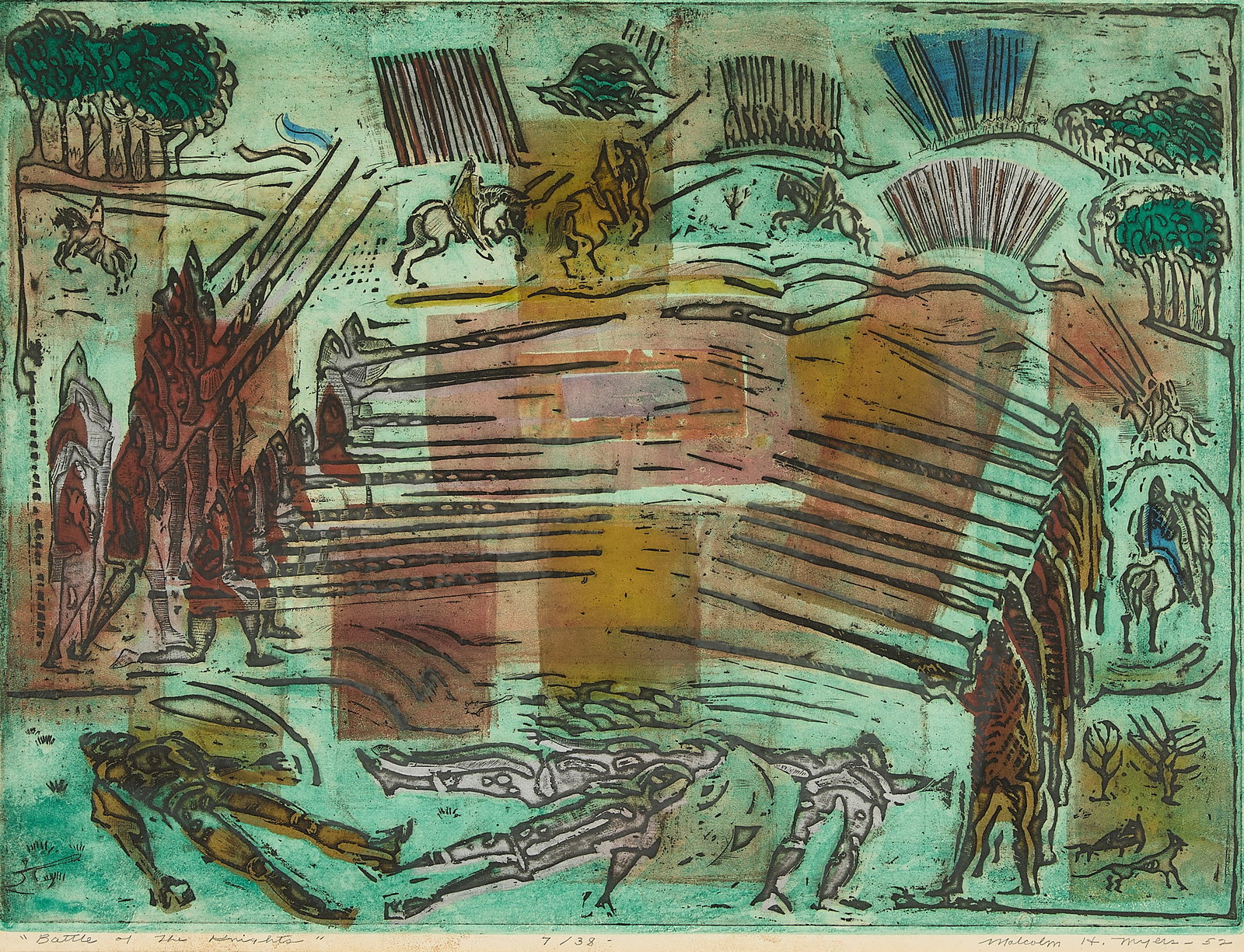 Malcolm Myers "The Battle of the Knights" Intaglio: Malcolm Haynie Myers (American, 1917-2002). Intaglio print on paper titled "The Battle of the Knights," 1952. Depicting figures on horseback charging across a landscape along the upper section, while 
