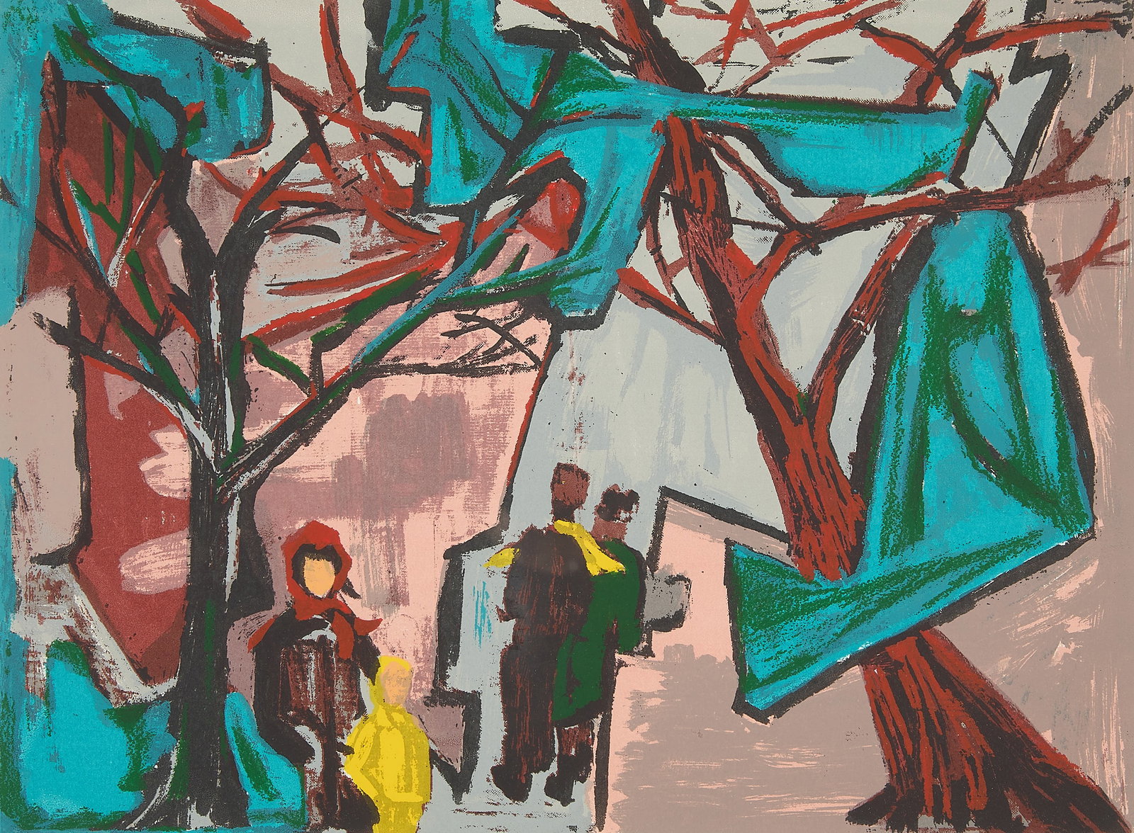 Signed "Winter in the Park" Lithograph 1991: Lithograph print on paper titled "Winter in the Park," 1991. Depicting abstract, red trees covered in blue snow with figures walking along the park path below. Illegibly signed (possibly reading "G. B