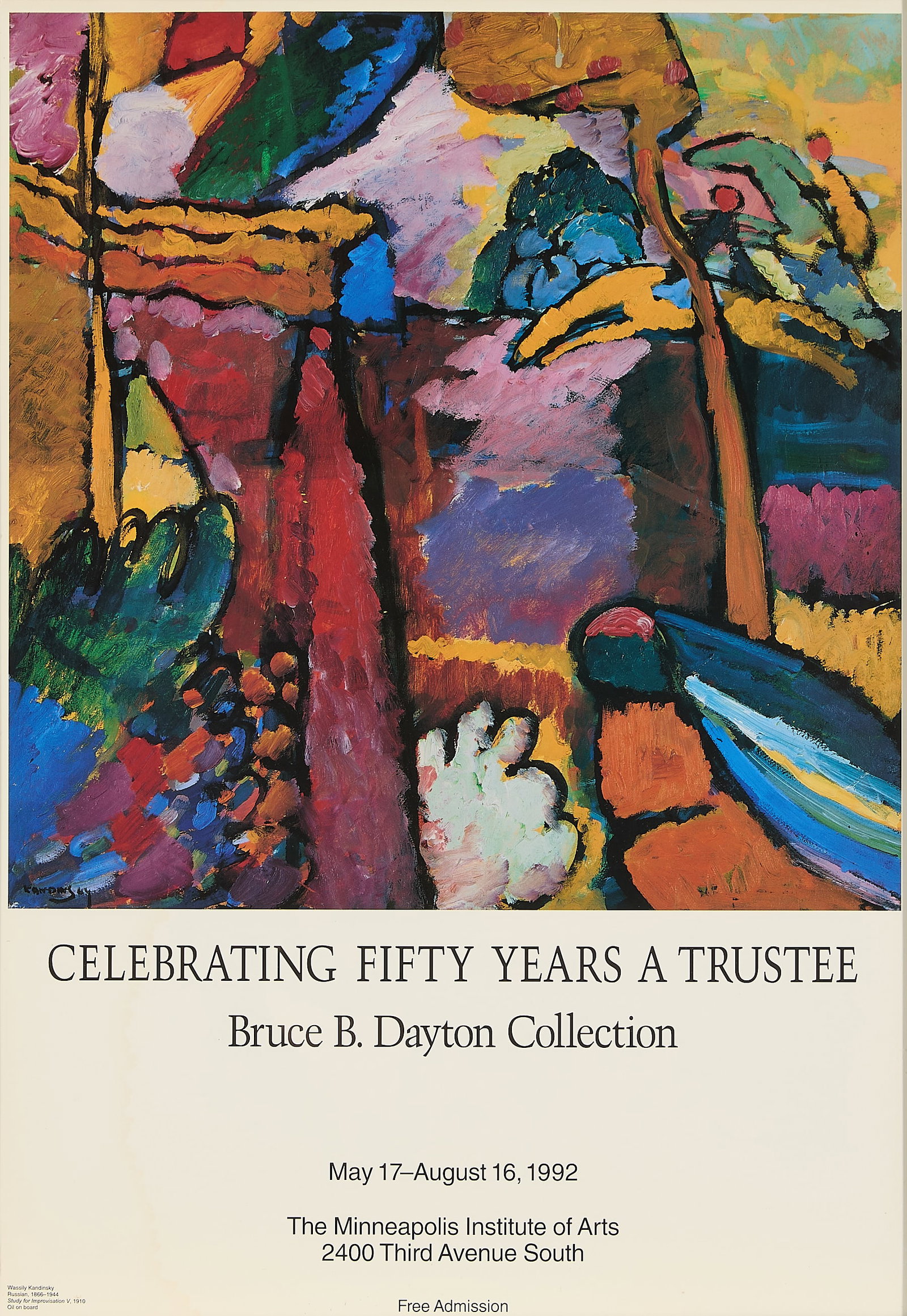 MIA "Bruce B. Dayton Collection" Poster 1992: Minneapolis Institute of Art exhibition poster titled "Celebrating Fifty Years A Trustee: Bruce B. Dayton Collection," 1992. Featuring an abstract artwork by Wassily Kandinsky (Russian, 1866-1944) tit