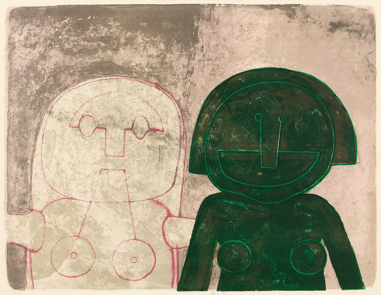 Rufino Tamayo "Dos Cabezas de Mujer" Lithograph: Rufino del Carmen Arellanes Tamayo (Mexican, 1899-1991). Lithograph print on paper titled "Dos Cabezas de Mujer" (Two Heads of Women), 1969. Depicting two female figures rendered in a semi-abstract, m