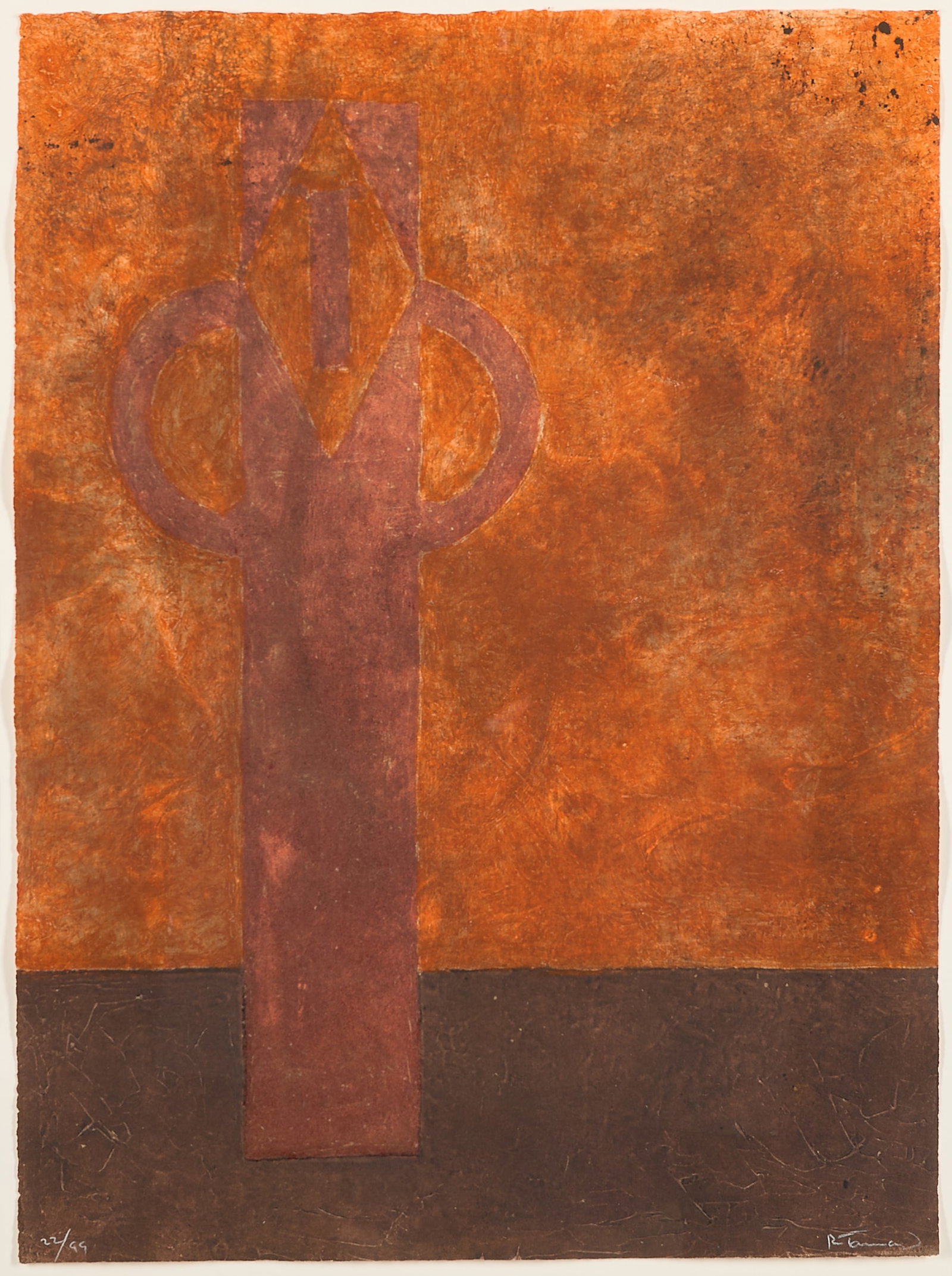 Rufino Tamayo "Figura Hieratica" Etching: Rufino del Carmen Arellanes Tamayo (Mexican, 1899-1991). Etching on handmade paper titled "Figura Hieratica," 1979. Depicting an elongated double handled vase featuring warm, earthy tones of deep
