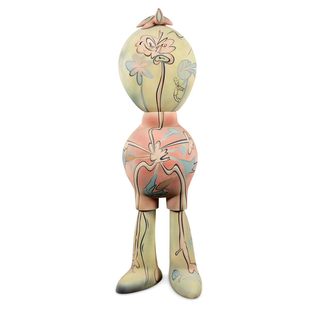 Hinoda "When the World is Far Away" Sculpture 2005: Takashi Hinoda (Japanese, b. 1958). Earthenware and porcelain sculpture titled "When the World is Far Away," 2005. With air-brushed colored slips and glazes. Depicting a figure composed of three stack