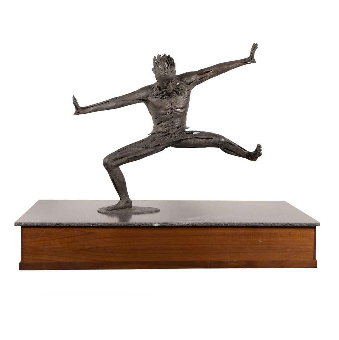 Robert H. Cook "Samson" Bronze Sculpture 2000: Robert Howard Cook (American, 1921-2017). Brutalist wax-cast bronze sculpture titled "Samson," 2000. Depicting a highly textured and stylized male figure in a wide, athletic lunge with arms