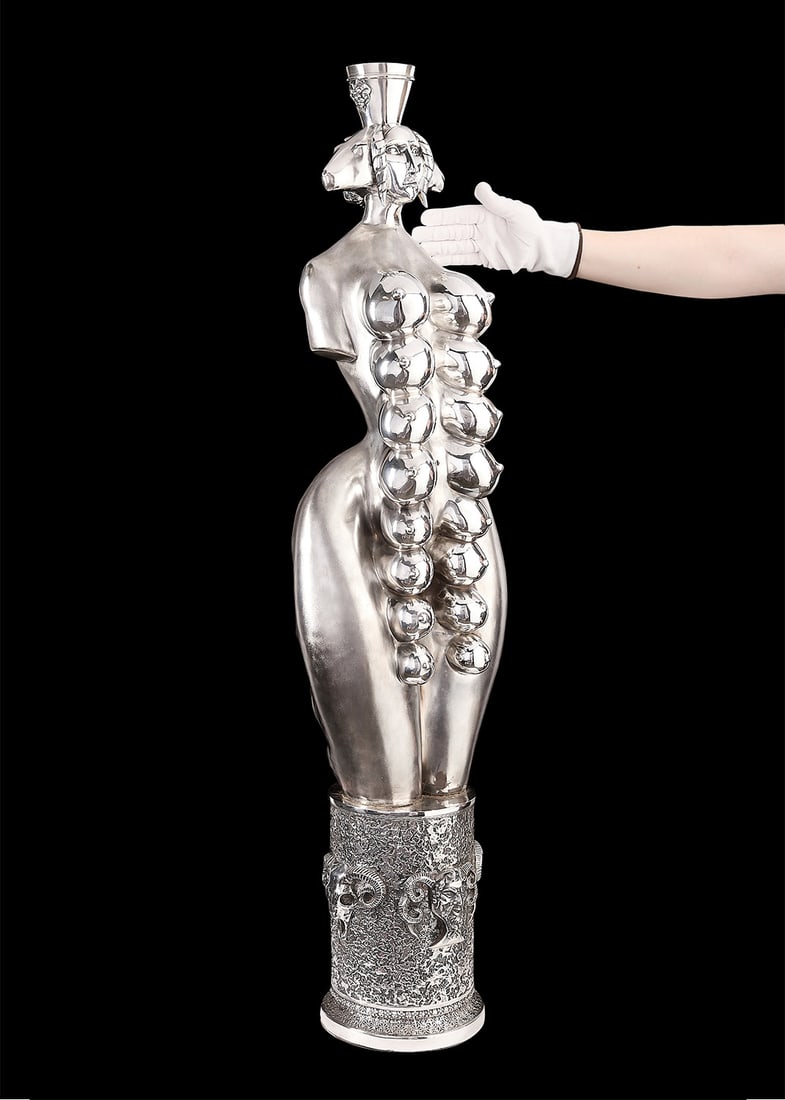 Mihail Chemiakin "Cybele" Sterling Figure 284 ozt: Mihail Mikhailovich Chemiakin (Russian/American, b. 1943). Sterling silver figurative sculpture titled "Cybele," 1995. With four impressed metal plaques affixed along the verso atop the plinth base: