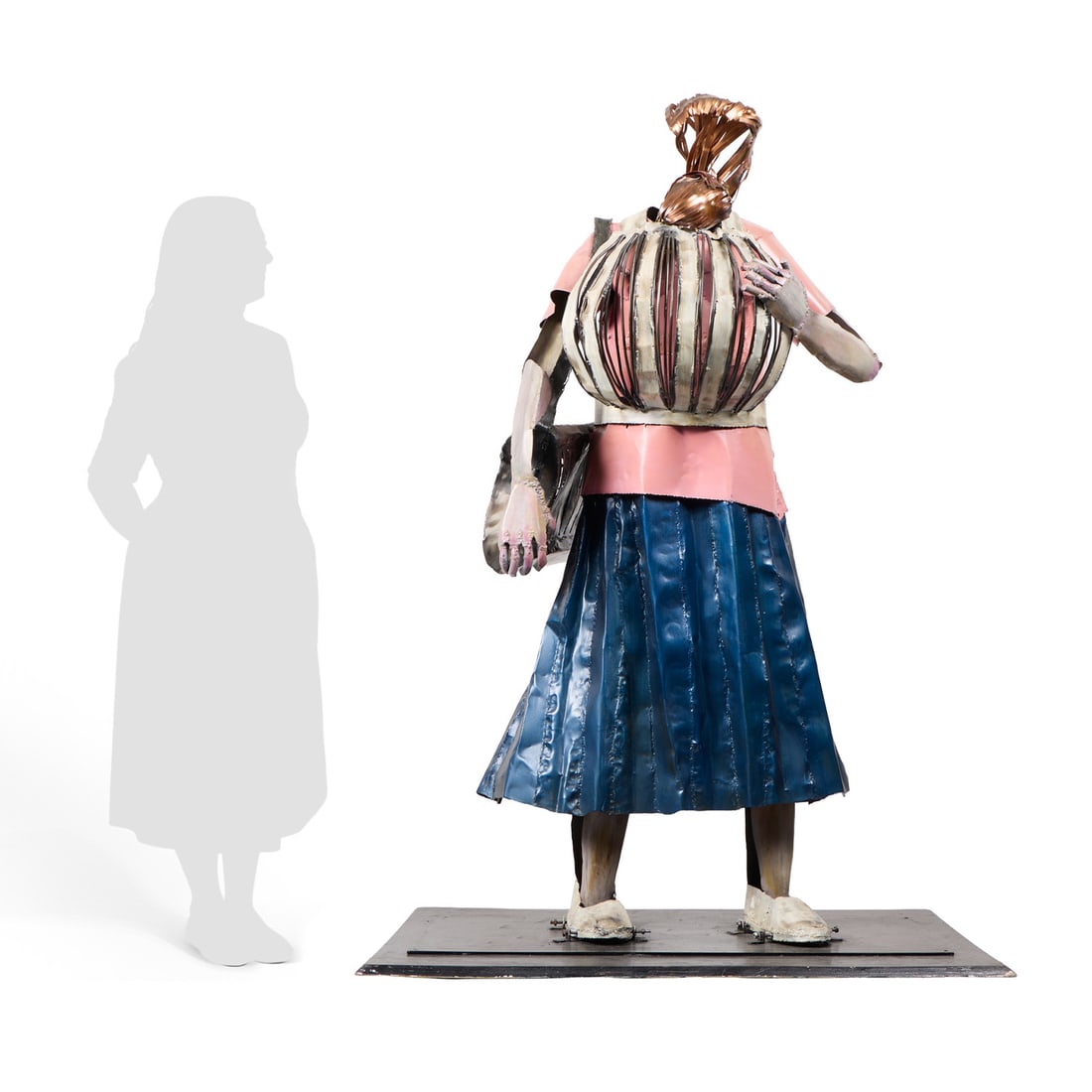 Sokari Douglas Camp "Pouch Woman" Sculpture 1991: Sokari Douglas Camp (Nigerian/British, b. 1958). Large welded and painted steel sculpture with copper titled "Pouch Woman," 1991. Depicting a standing mother with child. The mother with matte pink