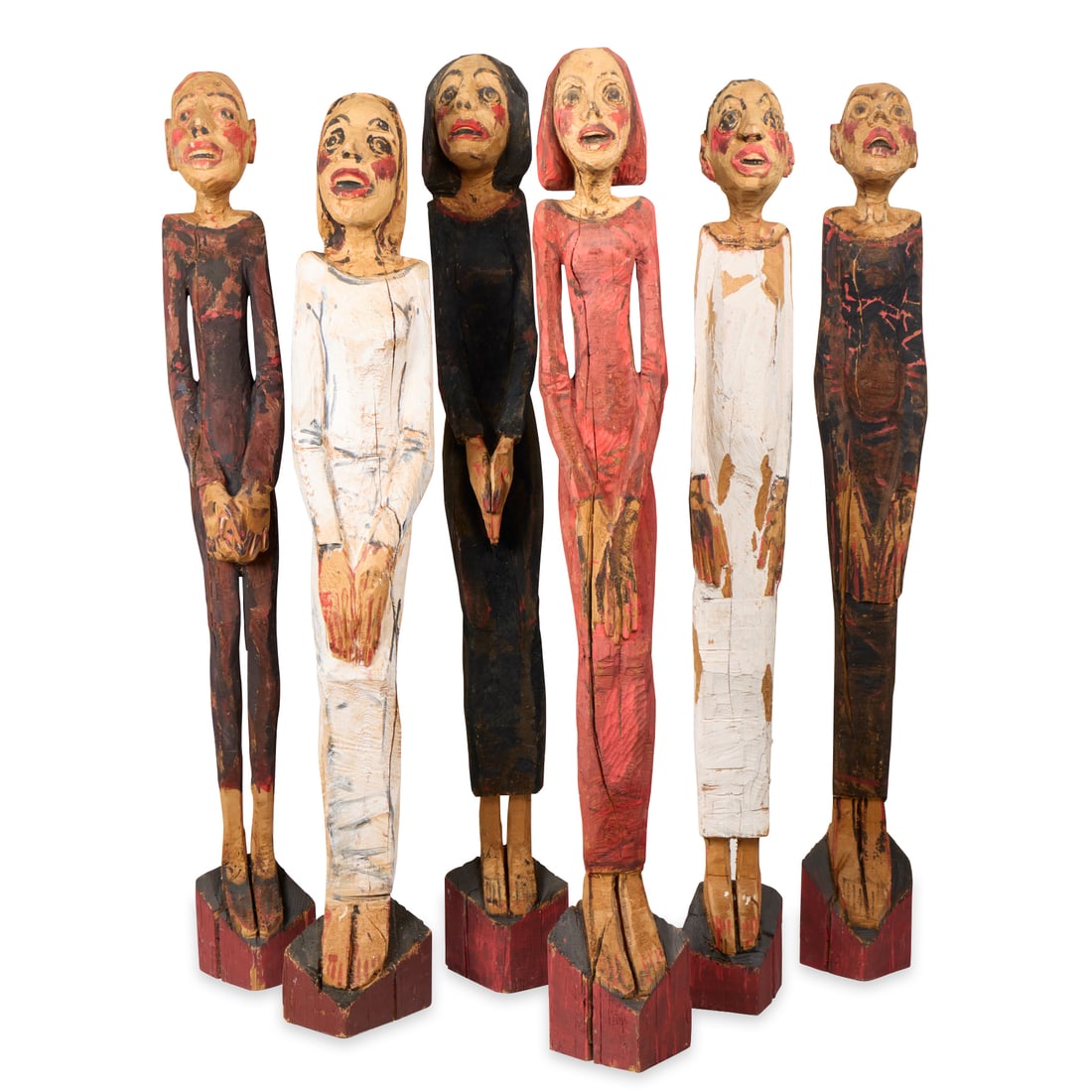 Hans Scheib "Chor" Figurative Wood Sculpture: Hans Scheib (German, 1949-2026). Neo-Expressionist carved and painted wood sculpture titled "Chor (Choir)," 2001. Comprising six slender standing figures with clasped hands extending from elongated ar
