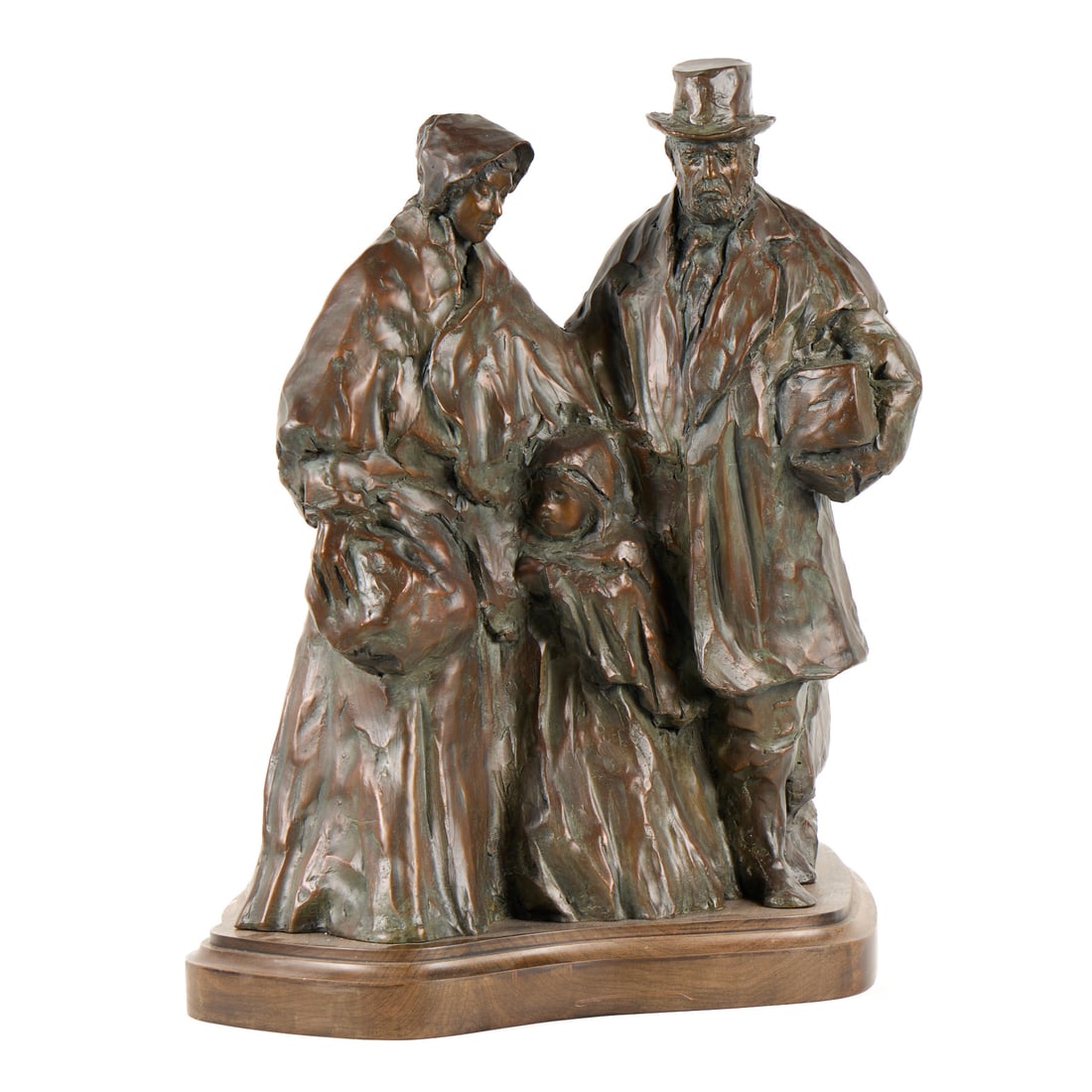 Glenna Goodacre "Departure from Dublin" Bronze: Glenna Goodacre (American, 1939-2020). Cast bronze sculpture titled "Departure from Dublin," 2000. Depicting a familial group, with mother and father standing around a child. Each figure dressed in la