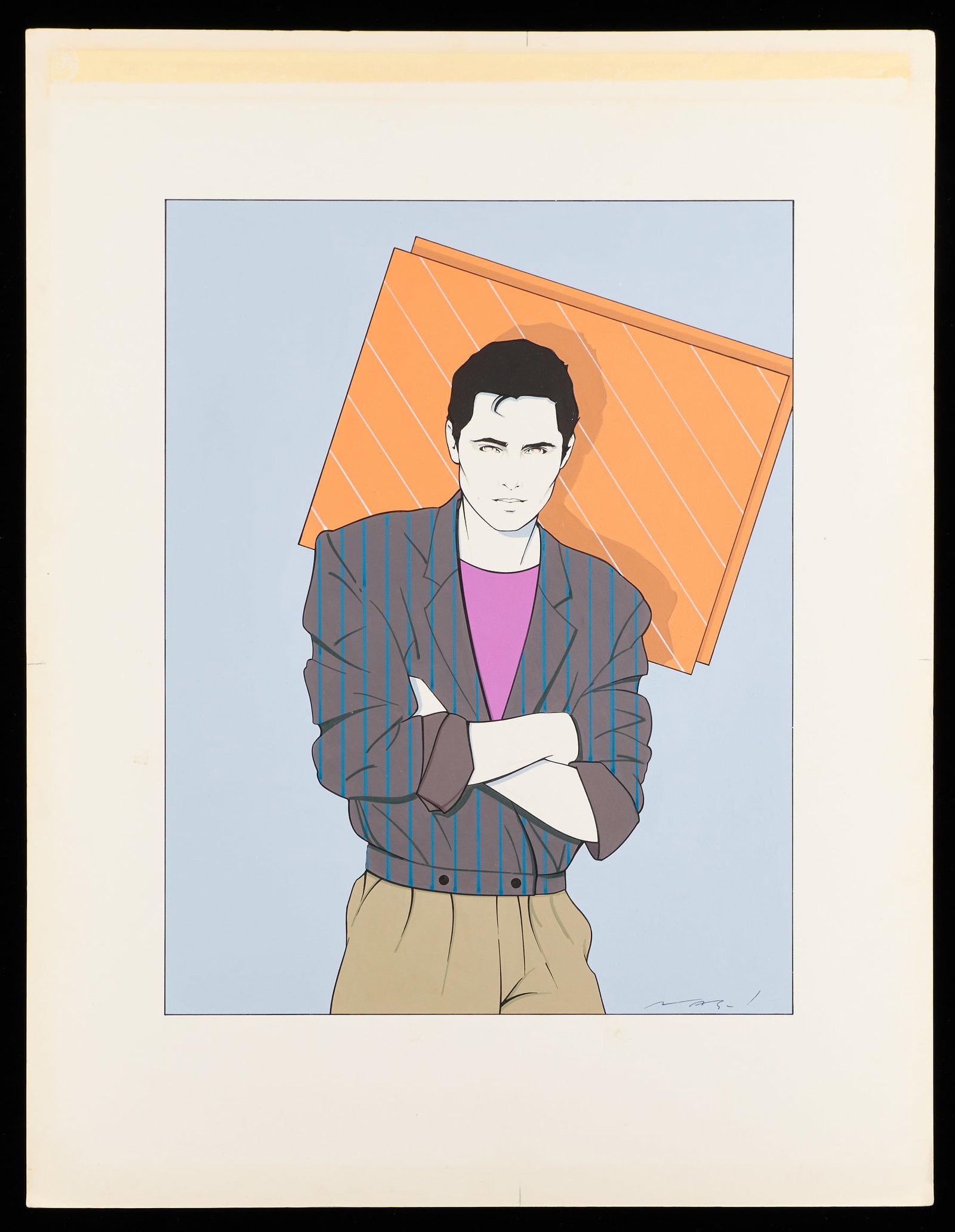 Patrick Nagel Perry Ellis Playboy Painting 1981: Patrick Nagel (American, 1945-1984). Acrylic painting on Strathmore illustration board depicting American fashion designer, Perry Ellis, 1981. The work was an editorial illustration that appeared in P