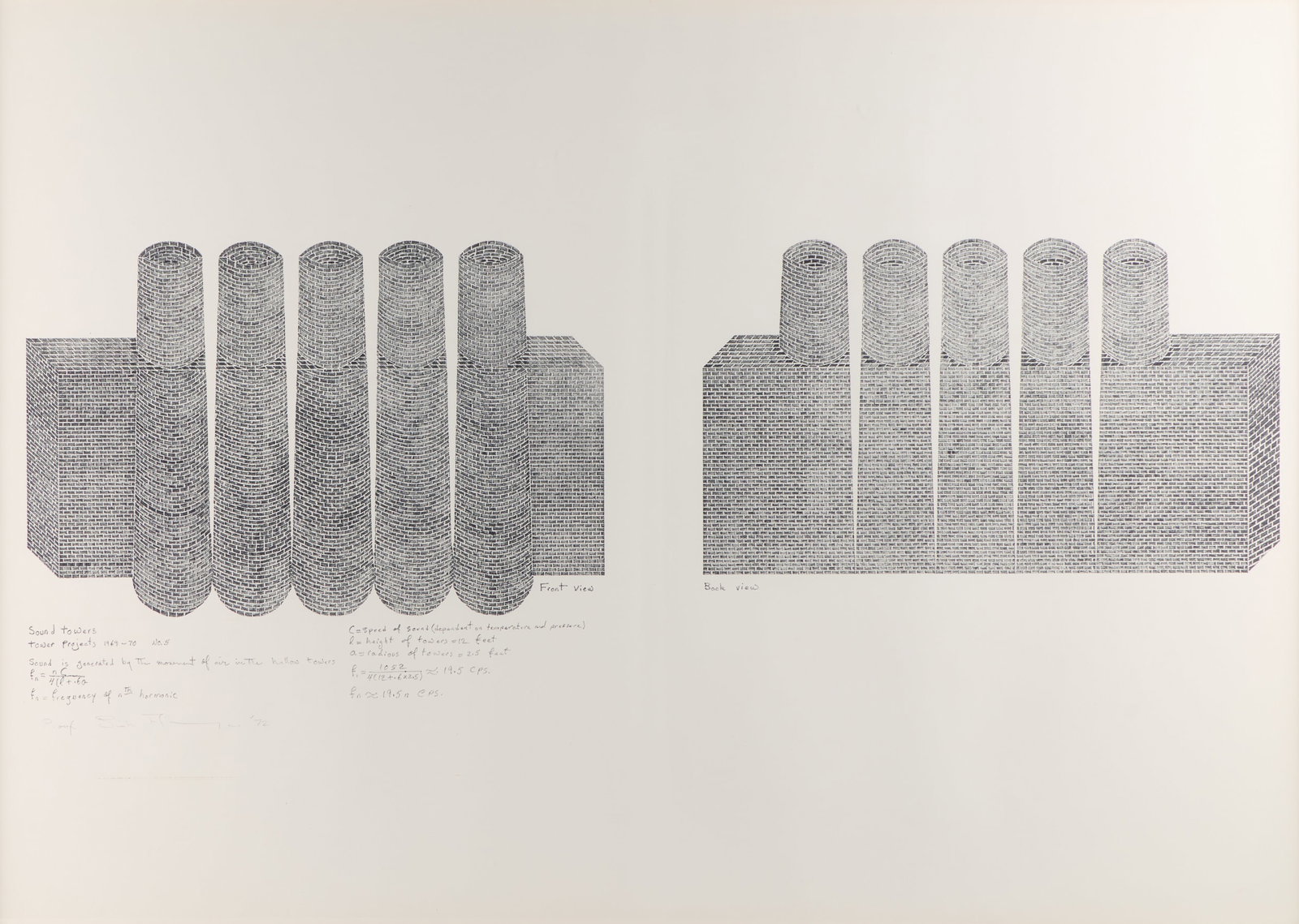 Siah Armajani "Sound Towers" Lithograph 1972: Siah Armajani (Iranian/American, 1939-2020). Lithograph print on paper titled "Sound Towers," 1972; from the "Tower Projects" series, 1969-1970. Depicting a conceptual architectural design of two bric