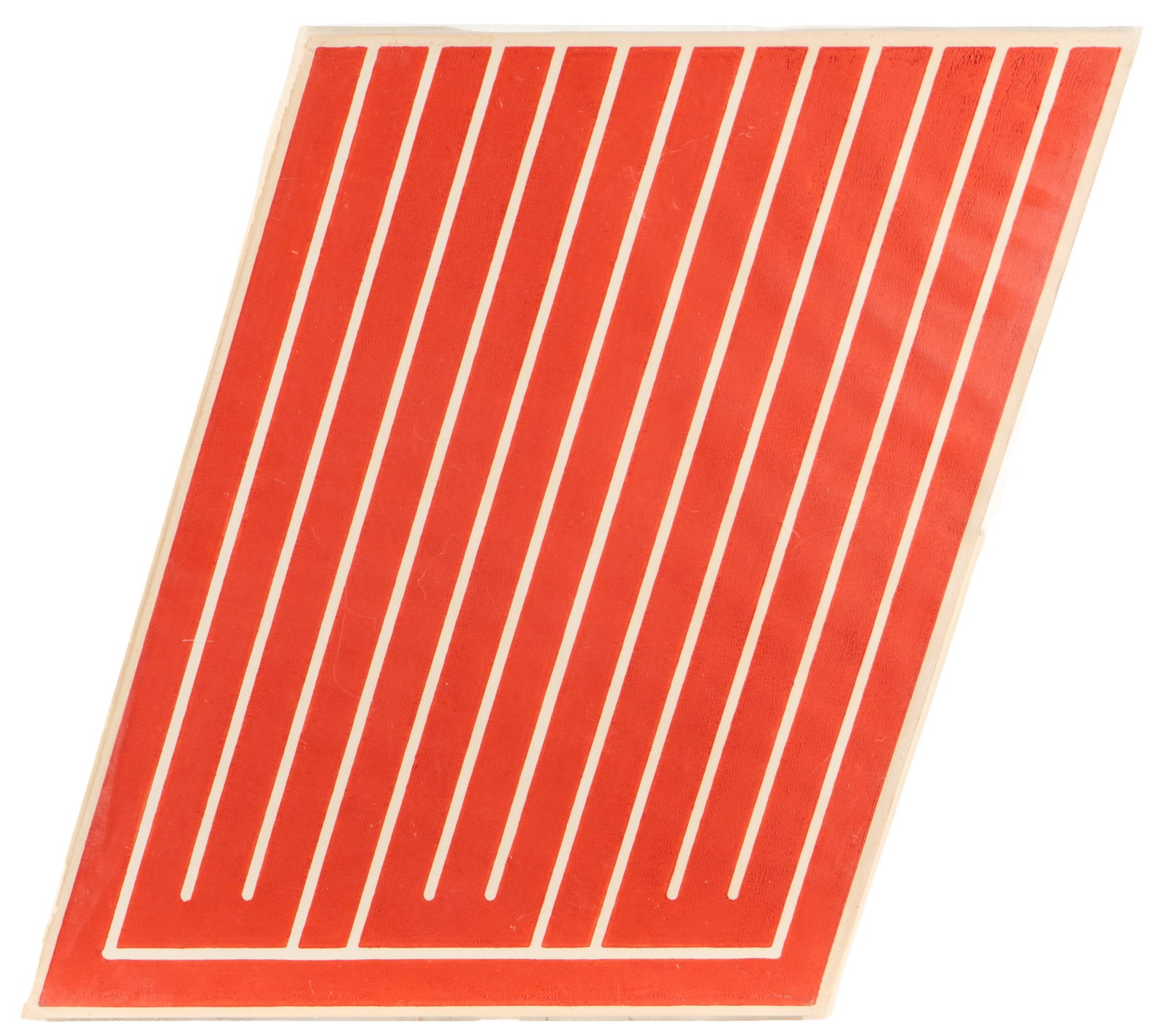 Donald Judd II-L Cadmium Red Parallelogram Woodcut: Donald Judd (American, 1928-1994). Woodcut in cadmium red, 1961-1969. In the form of a parallelogram. Pencil signed, dated "61-69," editioned 1/10, and inscribed "II-L" along the verso. Provenance: Da