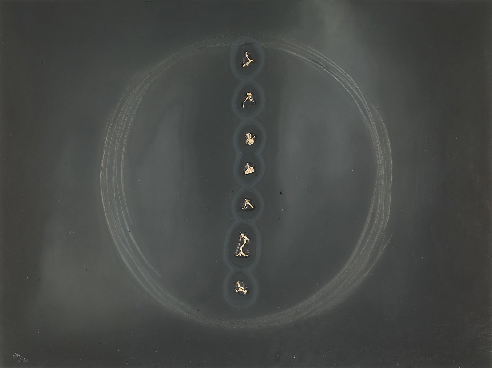 Lucio Fontana "Concetti Spaziale B" MM Etching: Lucio Fontana (Argentine/Italian, 1899-1968). Mixed media etching and aquatint print on paper titled "Concetto Spaziale B (Spatial Concept B)," 1968. Depicting seven punctures arranged vertically,