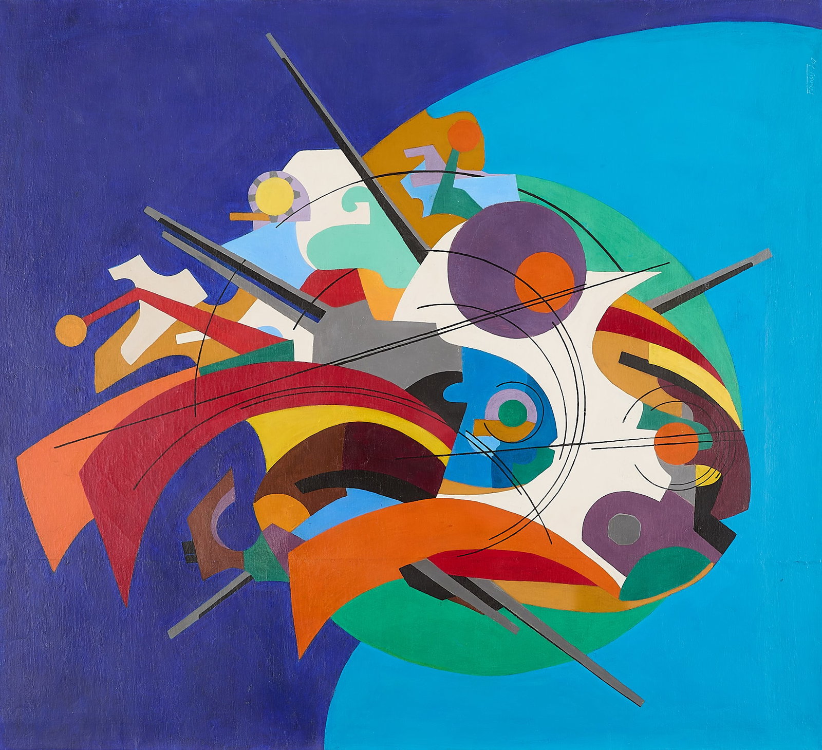 Ivor Pengelly Francis Abstract Geometric Painting: Ivor Pengelly Francis (Australian, 1906-1993). Oil on canvas abstract geometric painting, 1967. Depicting a lively blend of geometric shapes, including sharp black lines, orange sails, and purple circ