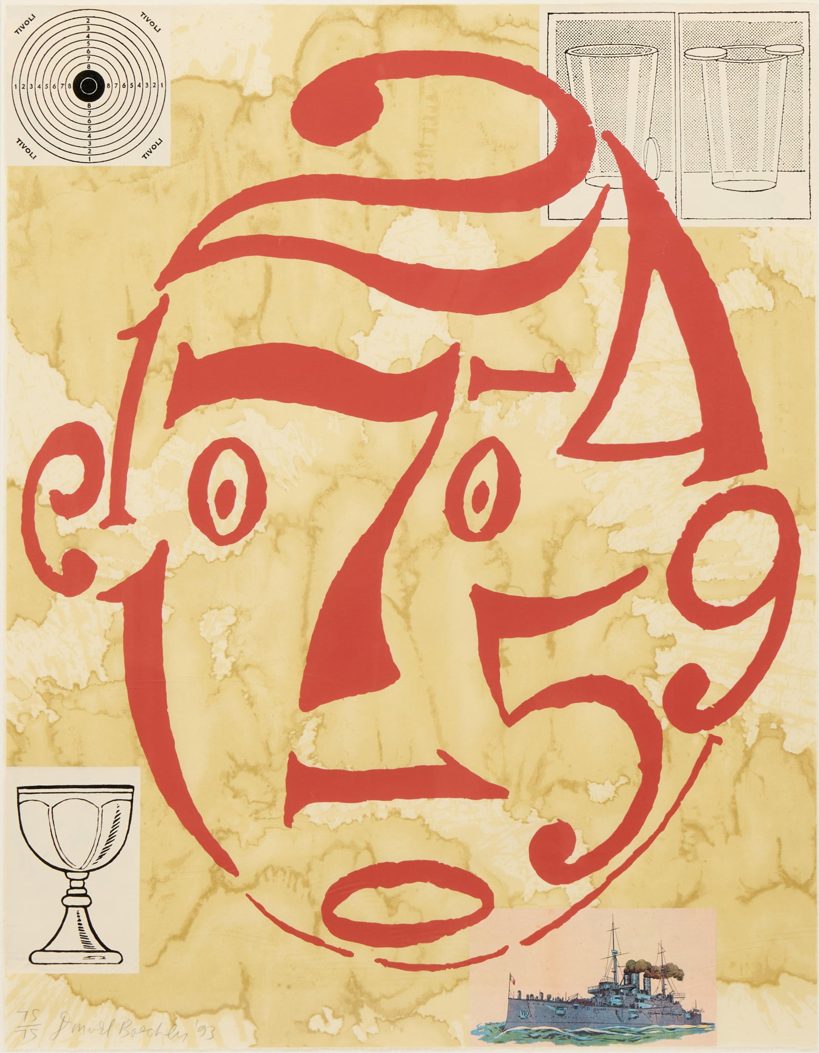 Donald Baechler "Arithmetic Head" Silkscreen 1993: Donald Baechler (American, 1956-2022). Silkscreen with chine colle print on paper titled "Arithmetic Head," 1993. Depicting an abstract face or visage composed of stylized numbers. Pencil signed, date
