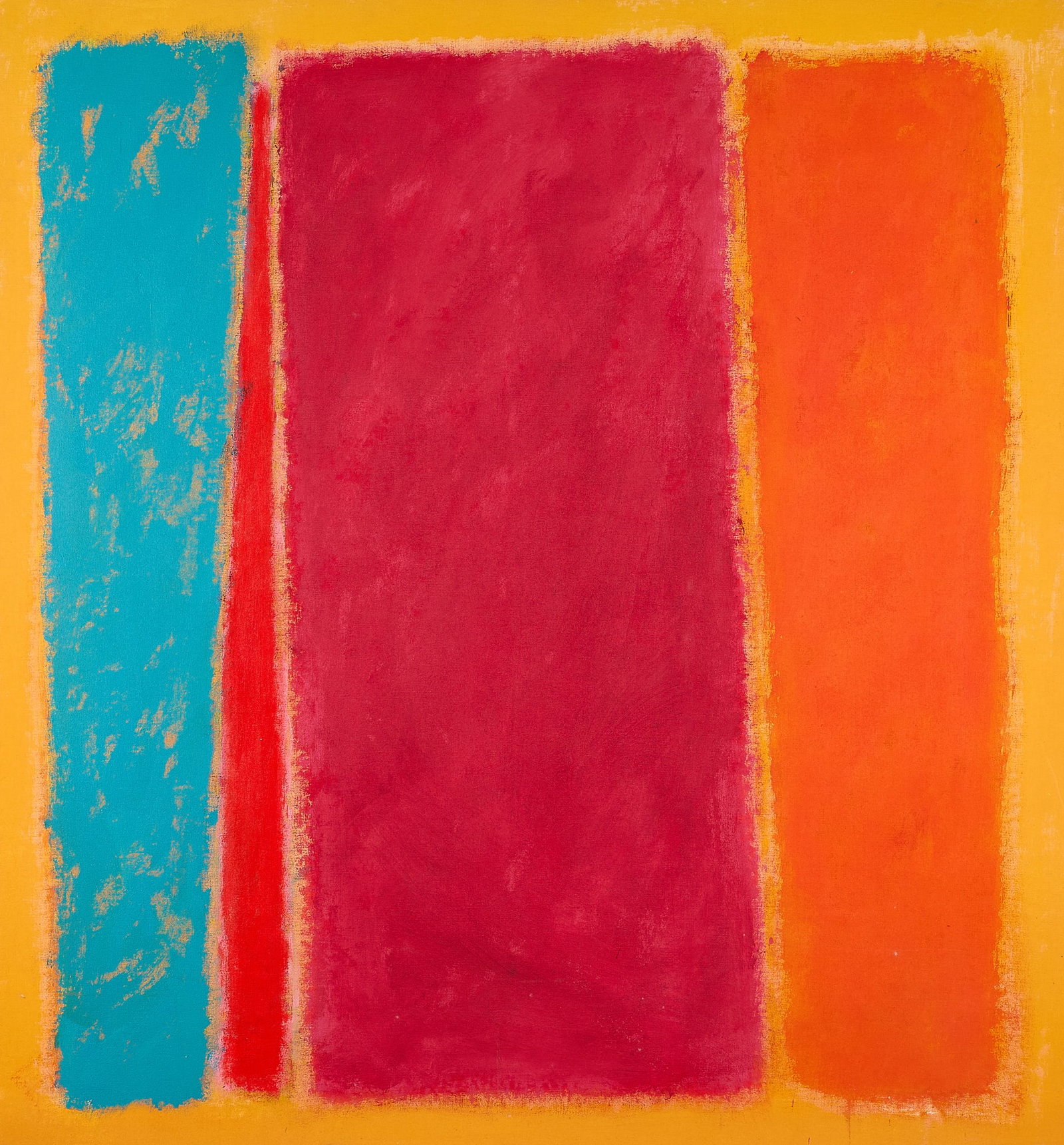 John Opper "#39" Abstract Oil Painting: John Opper (American, 1908-1994). Oil on canvas painting titled "#39," depicting broad bands of vibrant blue, red, and orange pigment on yellow ground. Signed and titled along the verso Provenance: Di