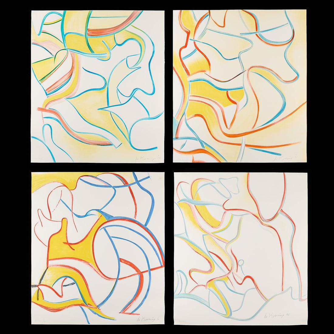 Willem De Kooning "Quatre Lithographies" 1986: Willem De Kooning (Dutch/American, 1904-1997). Complete set of four lithograph prints on Arches paper from the "Quatre Lithographies" portfolio, 1986. Featuring abstract, fluid lines in primary