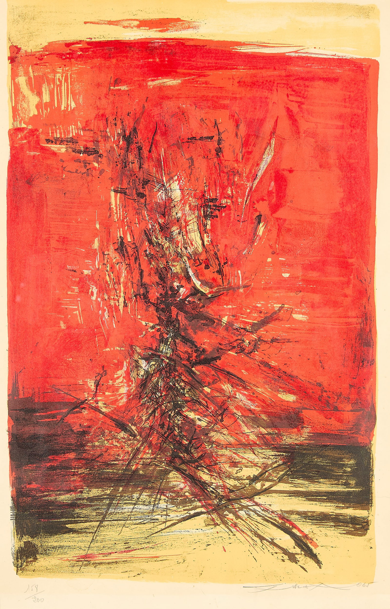 Zao Wou-Ki Abstract Lithograph 1965: Zao Wou-Ki (Chinese/French, 1920-2013). Color lithograph on paper print depicting an abstract composition in bold reds, black, and yellow, 1965. Pencil signed and dated along the lower right;