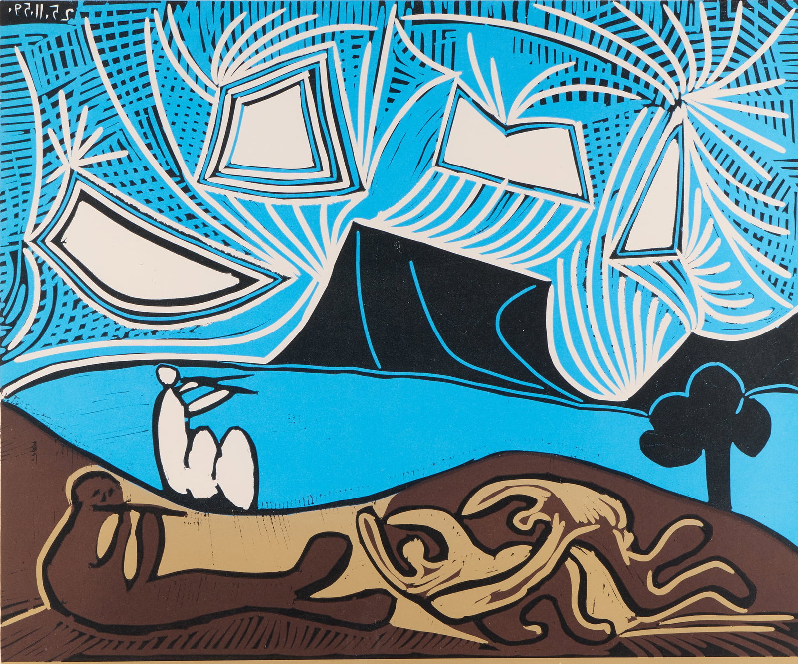 Pablo Picasso "Bacchanale" Color Linocut 1959: Pablo Picasso (Spanish, 1881-1973). Color linocut print on Arches paper titled "Couple and Flutist at the Edge of a Lake (Bacchanale)," 1959. Depicting a stylized, dark brown figure reclining while