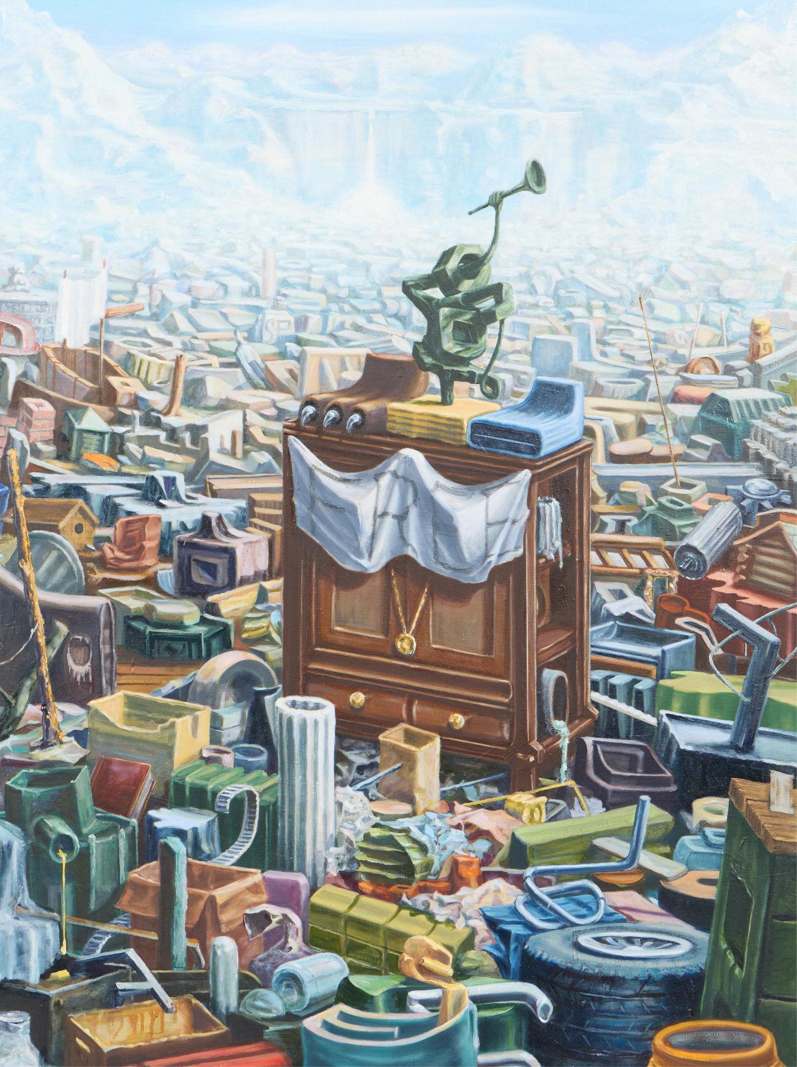 Bruce Tapola "Crossroad" Surrealist Painting: Bruce Tapola (American, b. 1956). Oil on canvas painting titled "Crossroad," depicting a surrealist apocalyptic-style landscape. Signed along the verso. Minnesota-based artist Bruce Tapola is known