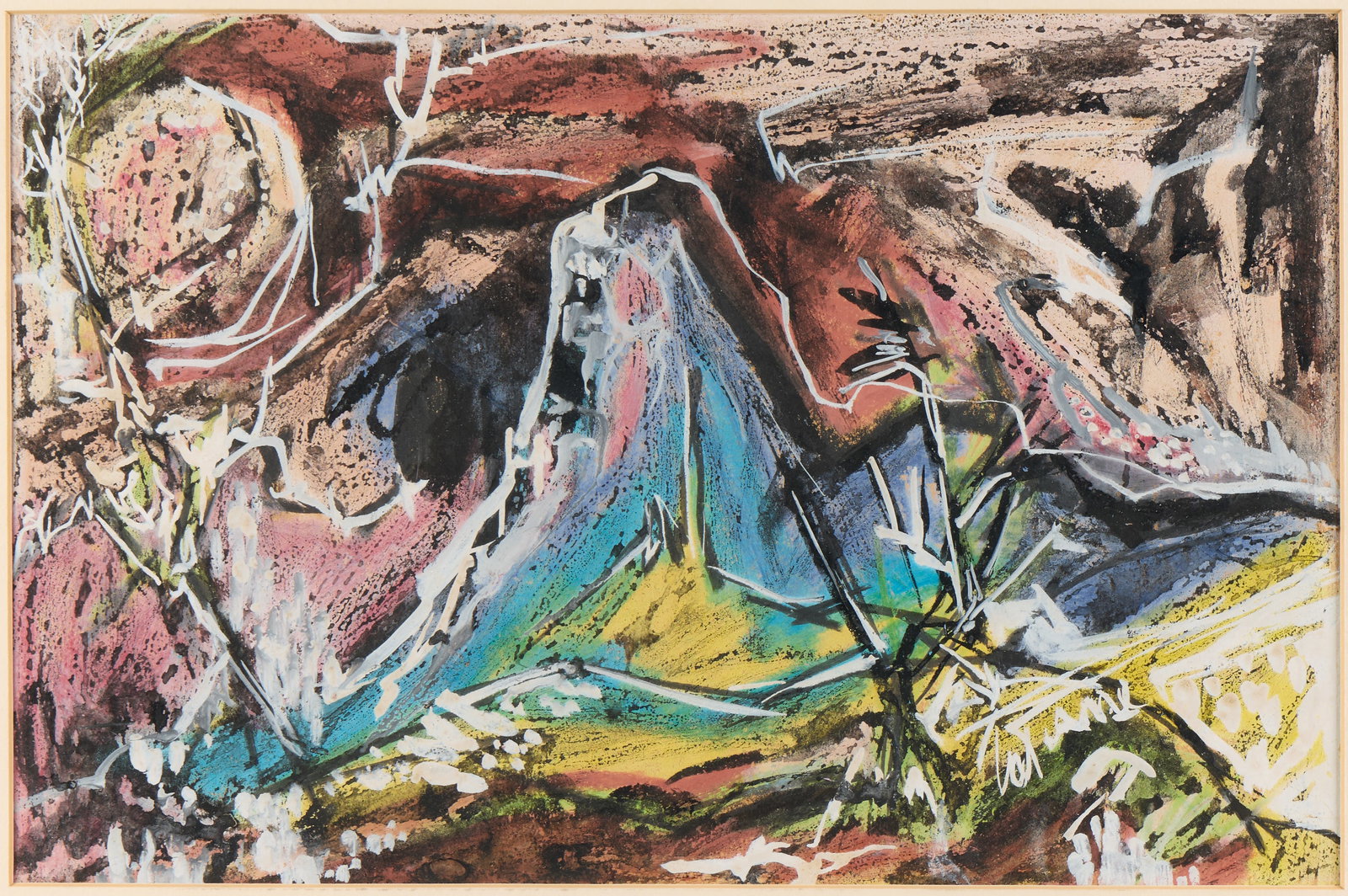 Rick Bartow Mixed Media Abstract Painting: Rick Bartow (Wiyot, 1946-2016). Mixed media abstract landscape painting, late 20th century. Depicting a sharp, angular blue mountain thickly outlined in black anchoring the center of the composition. 