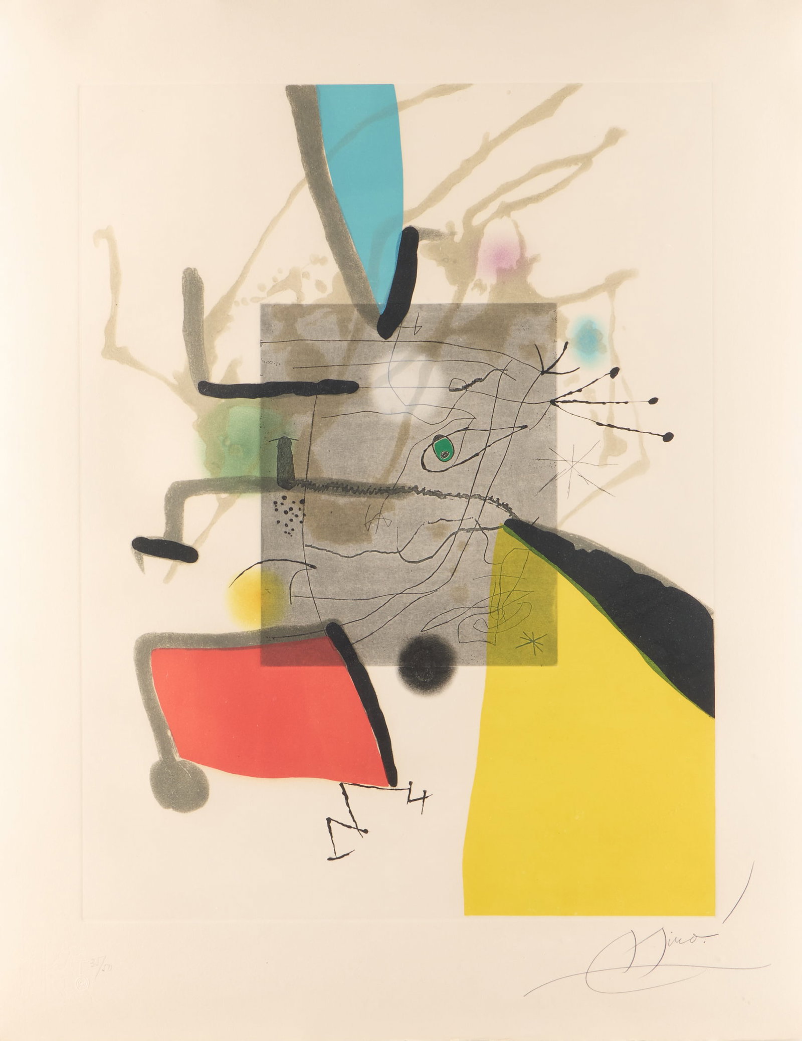 Joan Miro "Llibre dels sis Sentits II" Etching: Joan Miro (Spanish (Catalan), 1893-1983). Etching and aquatint in colors on Guarro wove paper titled "Llibre dels sis Sentits (Book of the Six Senses) - Plate II," ca. 1981. Depicting abstract