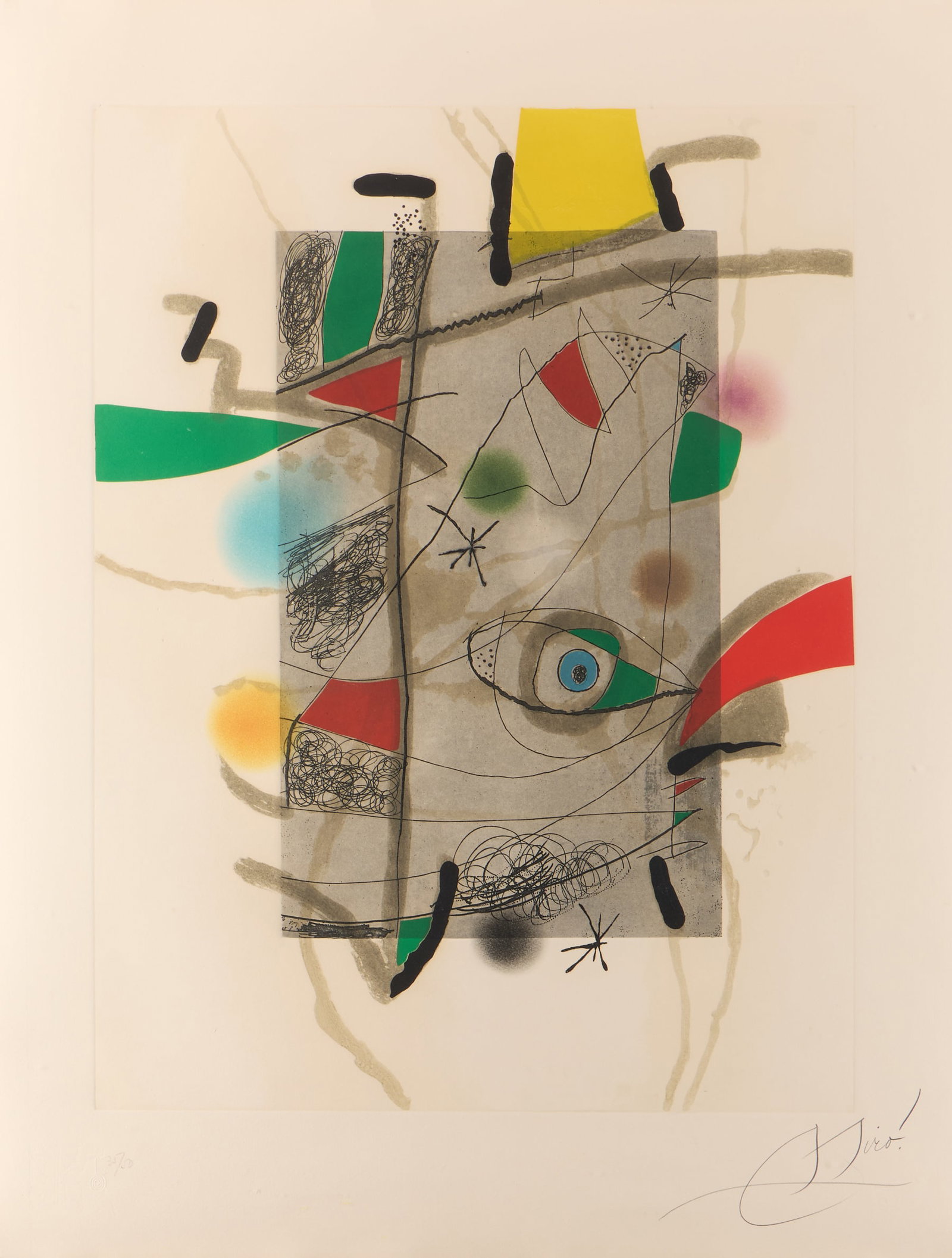 Joan Miro "Llibre dels sis Sentits III" Aquatint: Joan Miro (Spanish (Catalan), 1893-1983). Aquatint in colors on Guarro wove paper titled "Llibre dels sis Sentits (Book of the Six Senses) - Plate III," ca. 1981. Depicting abstract geometric forms.