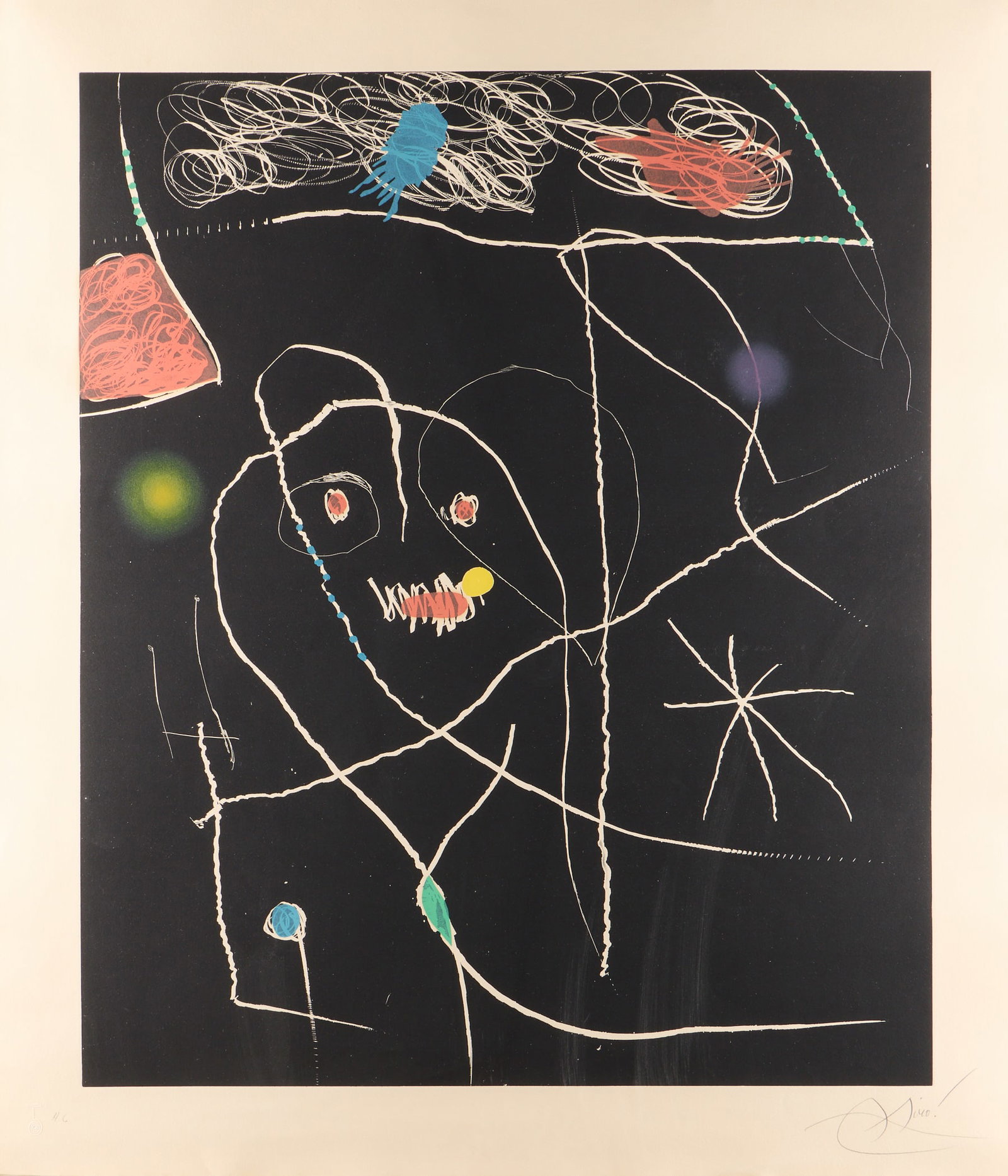 Joan Miro "El Pi de Formentor V" Etching Aquatint: Joan Miro (Spanish (Catalan), 1893-1983). Etching and aquatint in colors on Guarro wove paper titled "El Pi de Formentor (The Pine of Formentor) - Plate V." Pencil signed along the lower right and