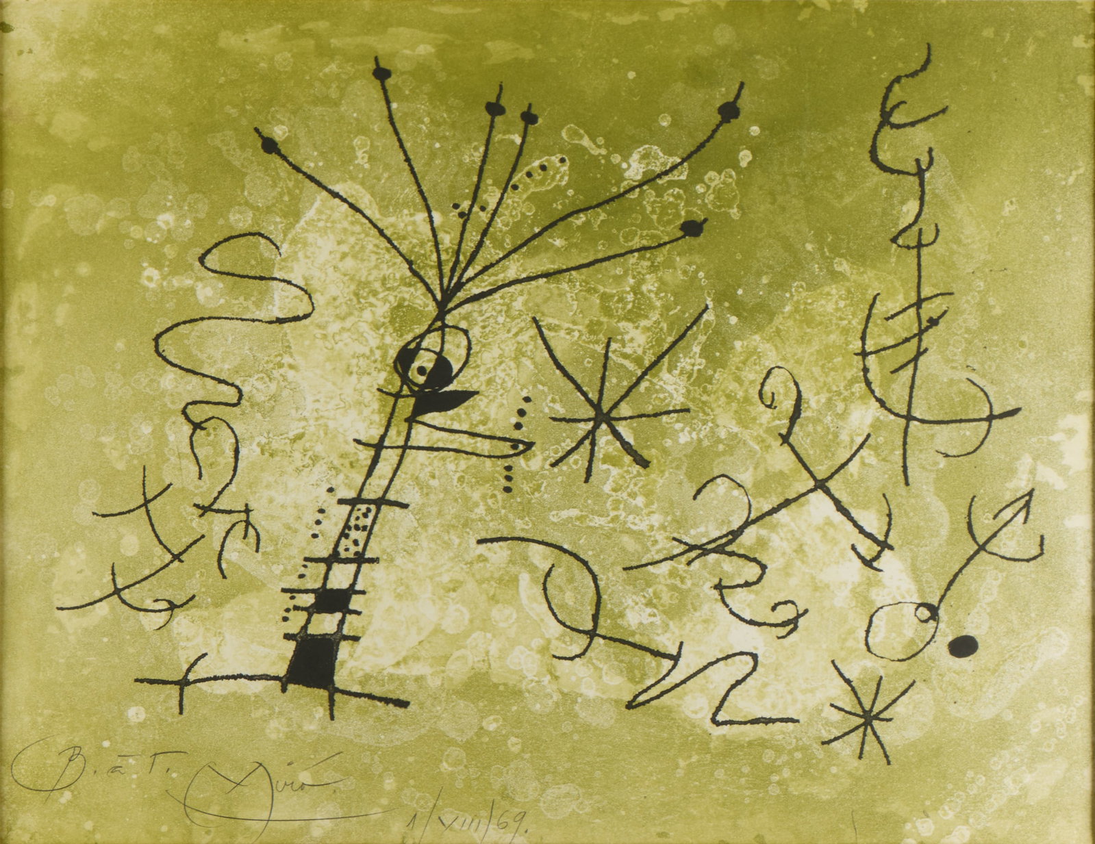Joan Miro Untitled Etching & Aquatint 1969: Joan Miro (Spanish (Catalan), 1893-1983). Etching and aquatint on paper depicting abstract forms on verdant green ground, 1969. Pencil signed, dated, and numbered "I/VIII" along the lower left. With