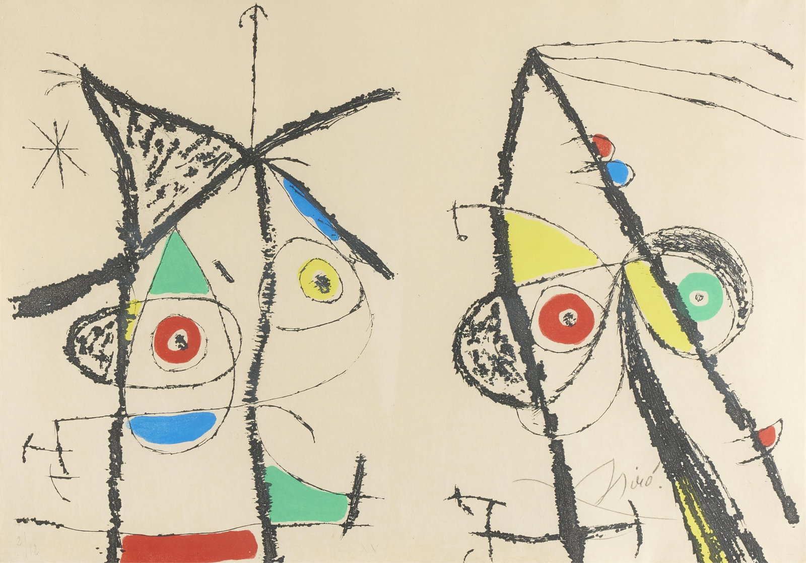 Joan Miro "Le Courtesan Grotesque" Print 1974: Joan Miro (Spanish (Catalan), 1893-1983). Etching and aquatint with colors on paper. Plate XV from "Le Courtesan Grotesque" with text by Adrian de Monluc (French, 1571-1646), published by Iliazd, Pari