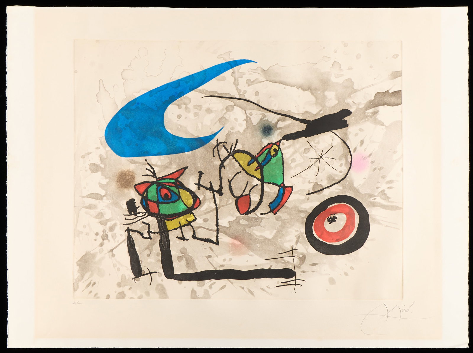 Joan Miro "Pygmees Sous la Lune" Etching Aquatint: Joan Miro (Spanish (Catalan), 1893-1983). Etching and aquatint on paper titled "Pygmees sous la Lune (Pygmies Under the Moon)." Pencil signed along the lower right; editioned "HC" or hors commerce alo