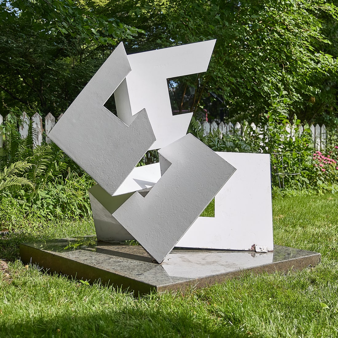 Large Jerry Wingren "Cut & Fold" Sculpture: Jerry Wingren (American, 1939-2026). Large painted steel with a granite base sculpture titled "Cut & Fold." The "Cut and Fold" series, consisting of many iterations of the theme completed throughout
