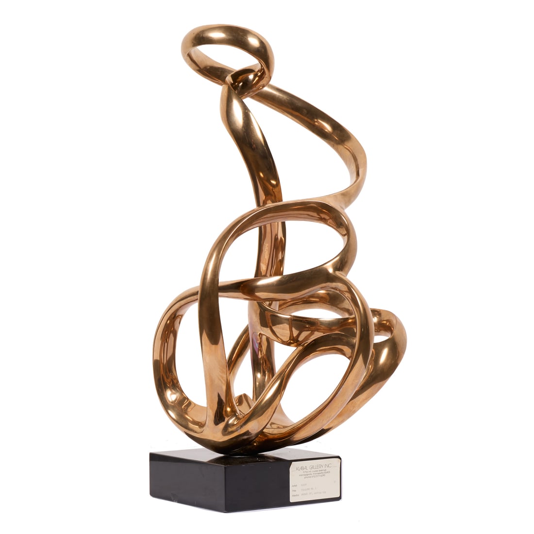 Antonio Kieff Bronze "Folklore 2" Sculpture: Antonio Grediaga Kieff (Canadian/Spanish, b. 1936). Abstract polished bronze sculpture with a stone square base and custom acrylic plinth titled "Folklore No. 2." With a gallery label adhered along