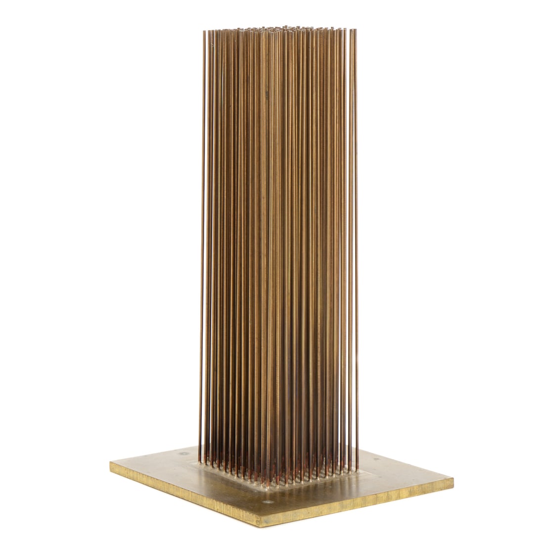 Harry Bertoia Sonambient Tonal Copper Sculpture: Harry Bertoia (Italian/American, 1915-1978). Sonambient tonal sound sculpture featuring a dense cluster of 144 Beryllium copper rods or reeds welded to a square brass base. Provenance: Worthington