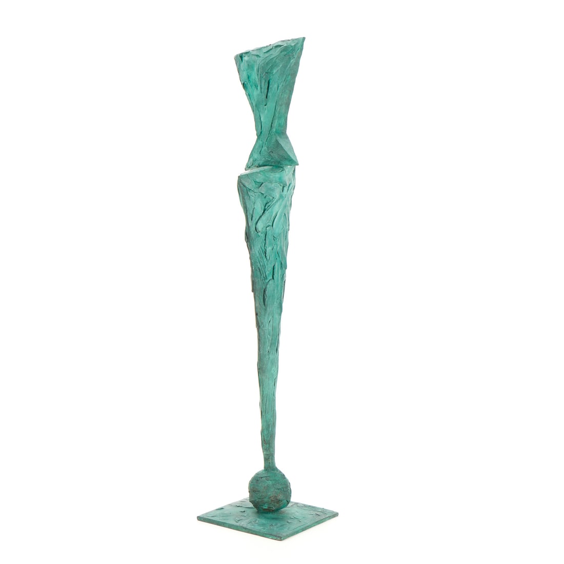 Bryan Hunt Patinated Bronze Abstract Sculpture: Bryan Hunt (American, b. 1947). Patinated bronze abstract expressionist sculpture, 1987. Featuring a heavily textured, green-patinated vertical column that tapers sharply toward a small spherical