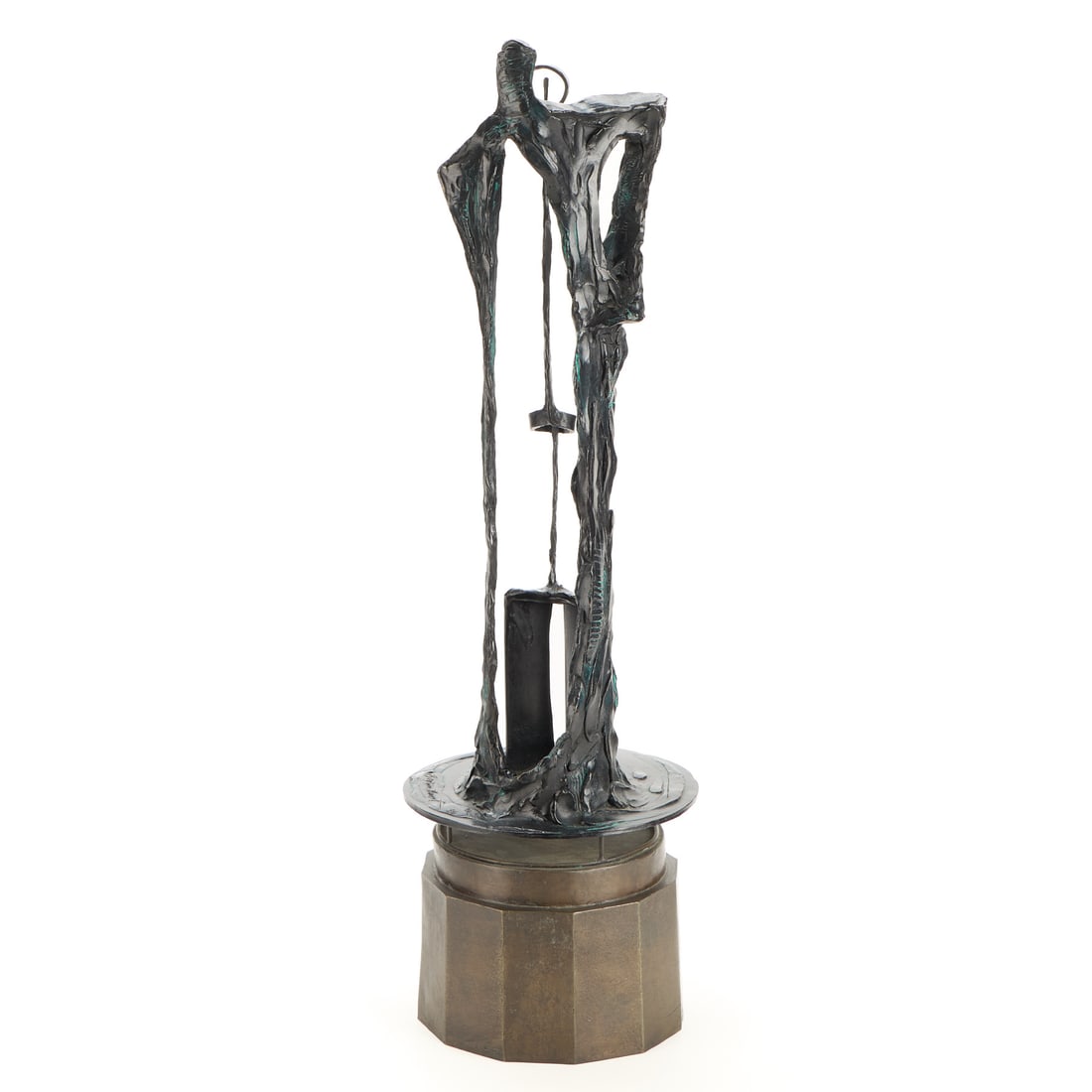 Bryan Hunt "Ritual I" Bronze Sculpture: Bryan Hunt (American, b. 1947). Abstract bronze sculpture titled "Ritual I," 1986. Depicting a patinated, elongated figurative form standing atop a faceted columnar base. The abstract figure leans aga