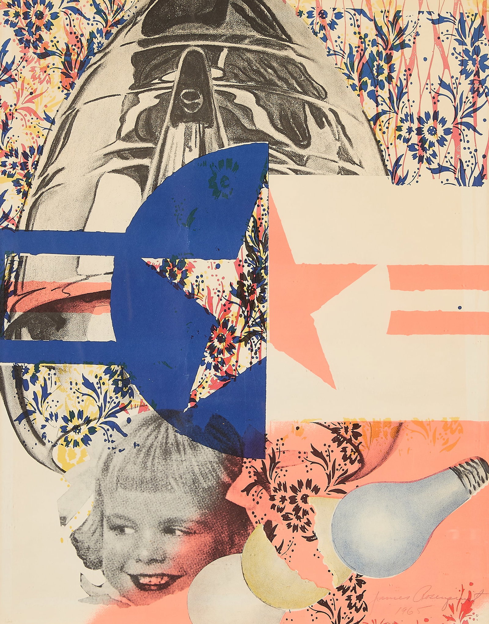 James Rosenquist "F-111" Color Lithograph 1965: James Rosenquist (American, 1933-2017). Color offset lithograph on paper titled "F-111 (Castelli Gallery Poster)," 1965. Depicting a collage of Pop Art imagery. Pencil signed and dated along the lower