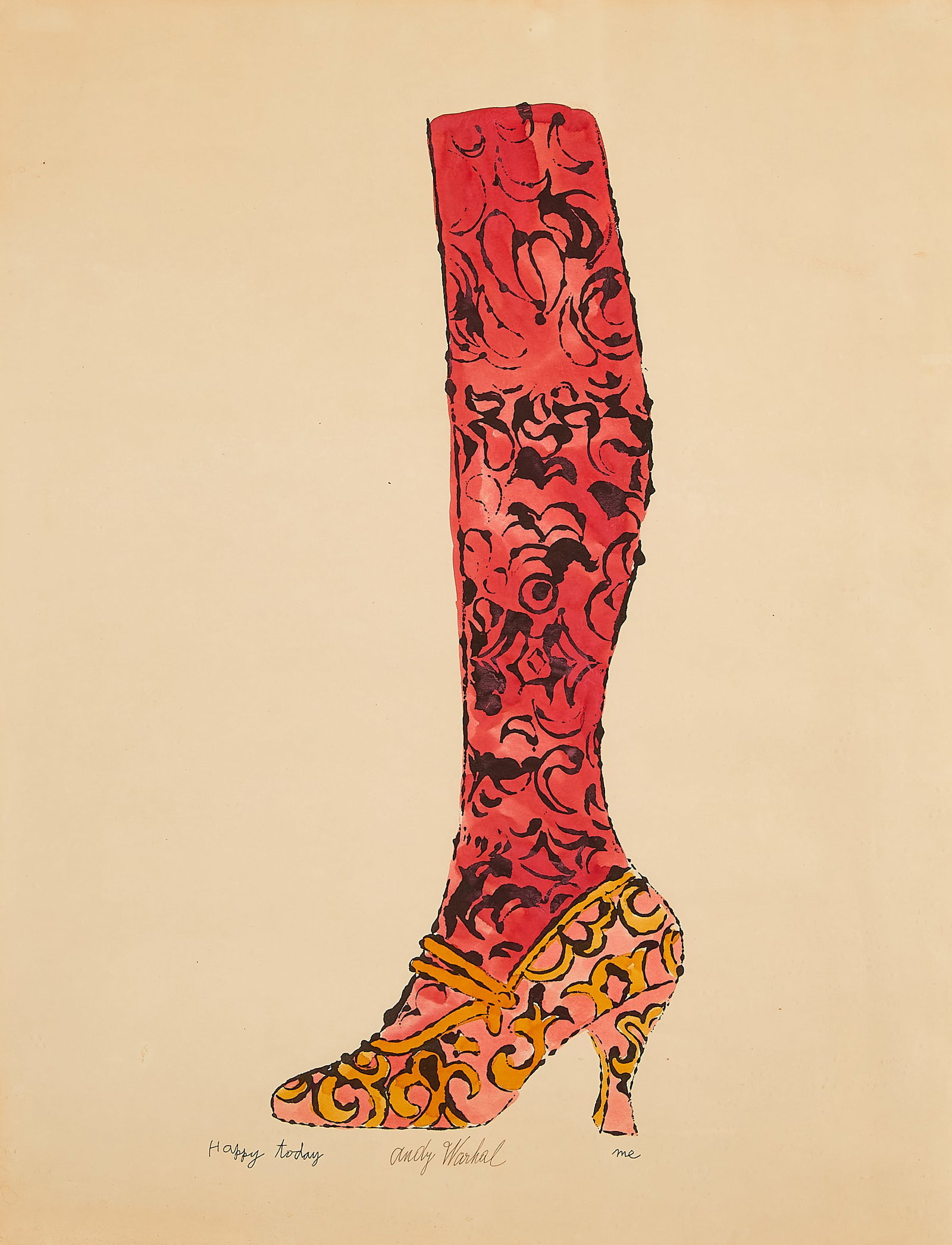 Andy Warhol "Shoe and Leg" Hand-Colored Lithograph: Andy Warhol (American, 1928-1987). Lithograph print with hand-coloring on paper titled "Shoe and Leg," circa 1955. Signed and inscribed "Happy today" and "me" along the lower center. With a letter fro