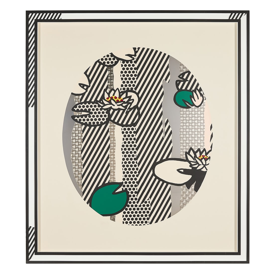 Lichtenstein "Water Lilies - Pink Flower " 1992: Roy Lichtenstein (American, 1923-1997). Mixed media screenprint titled "Water Lilies - Pink Flower," 1992. From the "Water Lilies" series. Screenprinted enamel on processed and swirled stainless steel