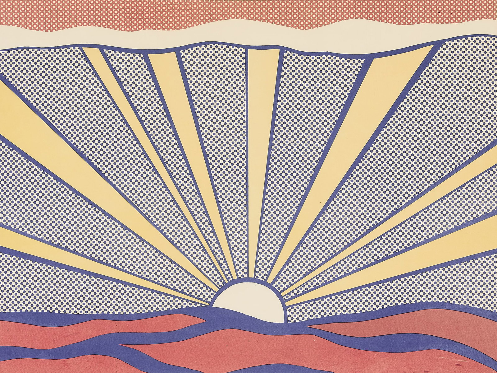 Roy Lichtenstein "Sunrise" Pop Art Lithograph: Roy Lichtenstein (American, 1923-1997). Pop Art color lithograph titled "Sunrise," depicting the sun shining brightly as it rises over a rippling horizon. Pencil signed bottom right. Lot essay: As a l