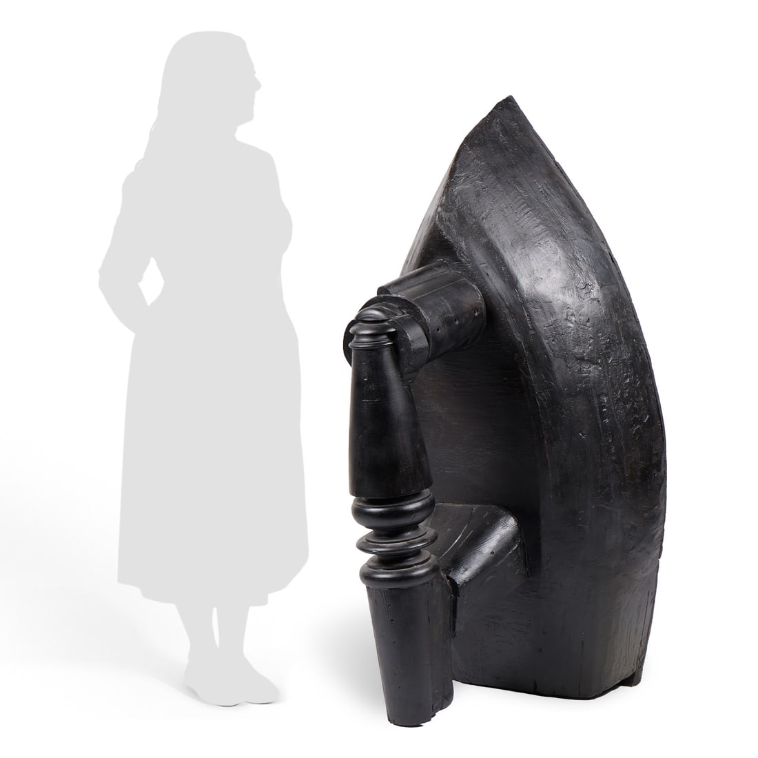 Willie Cole "Luba 600" Wood Sculpture 1996: Willie Cole (American, b. 1955). Contemporary carved plywood with found banister, wood stain, and putty sculpture titled "Luba 600," 1996. Depicting a steam iron of monumental scale. Lot Essay: Born i