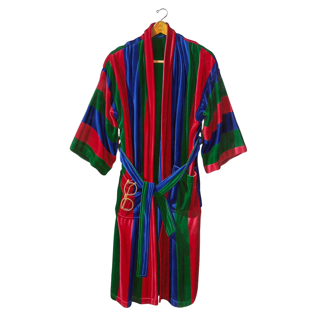 Otto Duecker "Club Stripe Robe" Oil on Wood: Otto Duecker (American, 1948-2026). Oil on wood panel trompe l'oeil painting titled "Club Stripe Robe," 1986. Depicting a hyperrealistic bath robe with vertical red, blue, and green stripes, a matchin