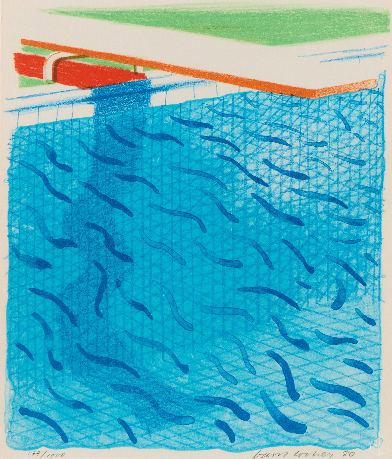 David Hockney "Pool Made with Paper" Lithograph: David Hockney (English, 1937-2026). Color lithograph print on paper titled "Pool Made with Paper and Blue Ink for Book," 1980. Pencil signed, dated, editioned 177/1000, and blindstamped along the lowe