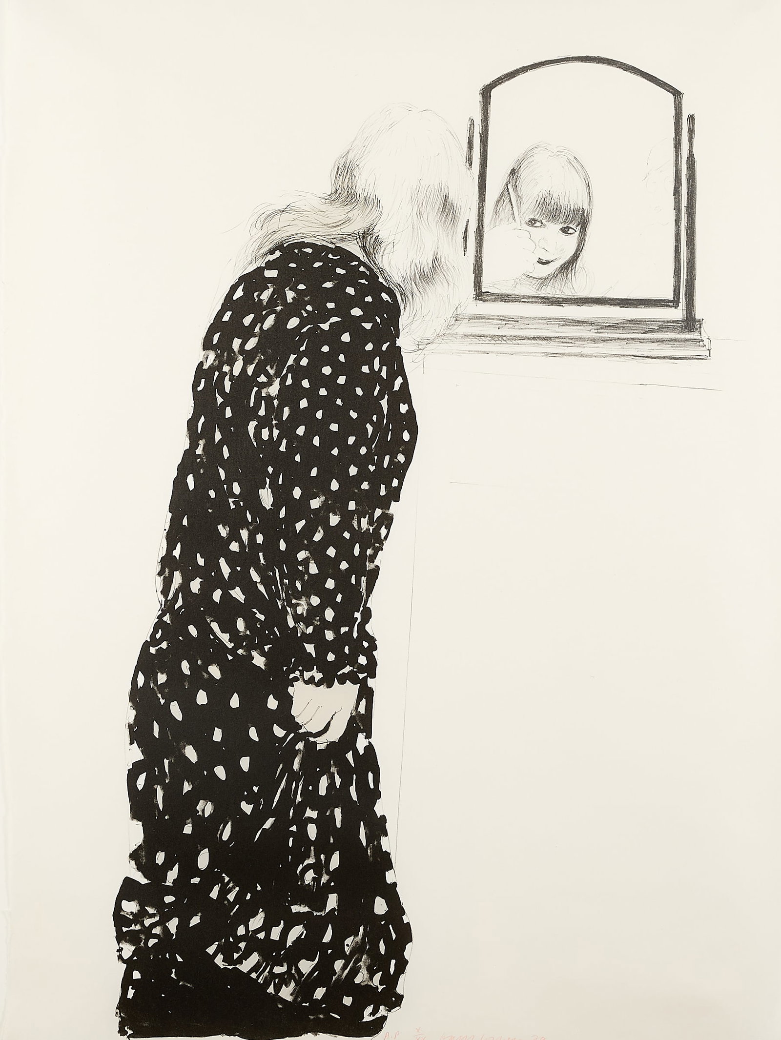 David Hockney "A Lot More of Ann" Lithograph 1979: David Hockney (English, 1937-2026). Lithograph on Japanese Toyoshi 50 paper titled "A Lot More of Ann Combing Her Hair," 1979. Depicting a woman in a polka-dot dress fixing her hair, her smiling visag