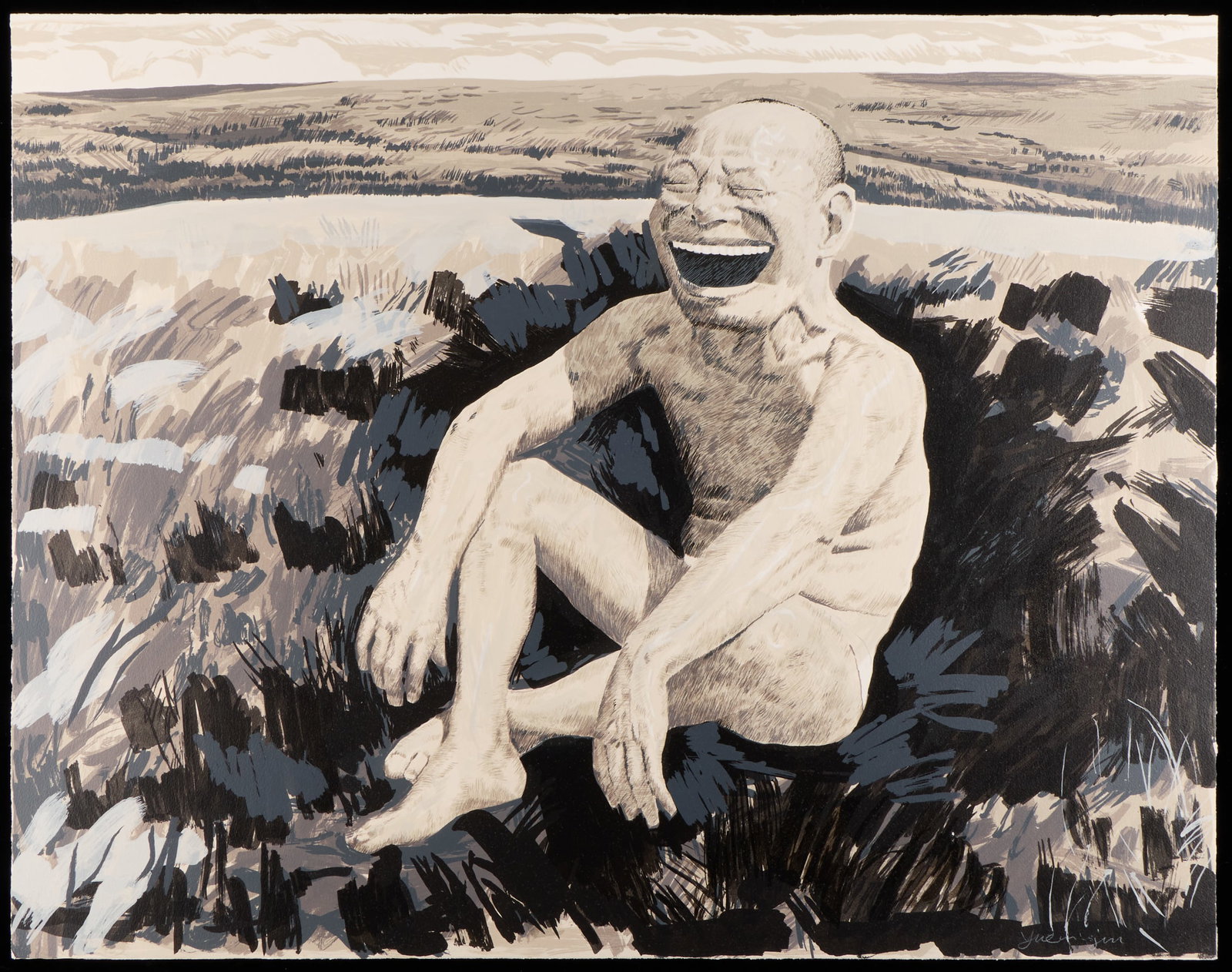 Yue Minjun "Man Sitting on Mound" Serigraph 2008: Yue Minjun (Chinese, b. 1962). Serigraph and woodcut print on wove paper titled "Man Sitting on Mound" from the "Grassland" series, 2008. Depicting a joyful man laughing while seated atop a grassy mou