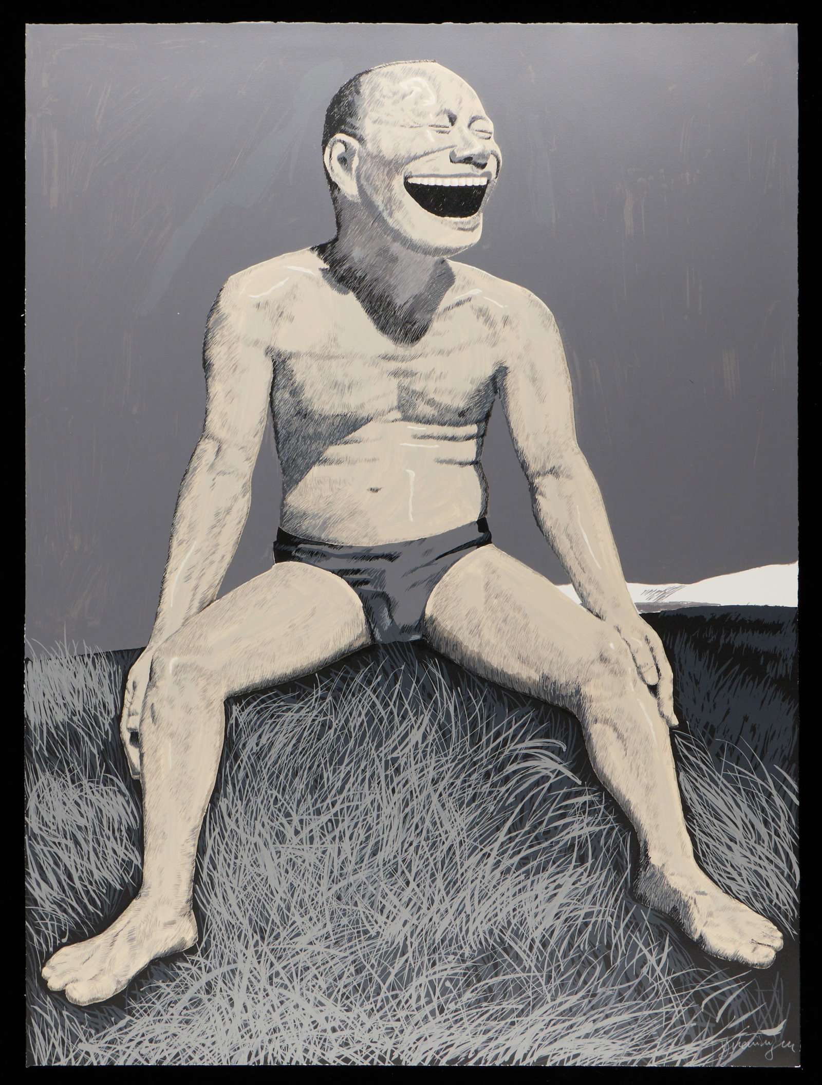Yue Minjun "Sitting Man Laughing" Serigraph 2008: Yue Minjun (Chinese, b. 1962). Serigraph and woodcut print on wove paper titled "Sitting Man Laughing" from the "Grassland" series, 2008. Depicting a joyful man laughing while seated atop a grassy are