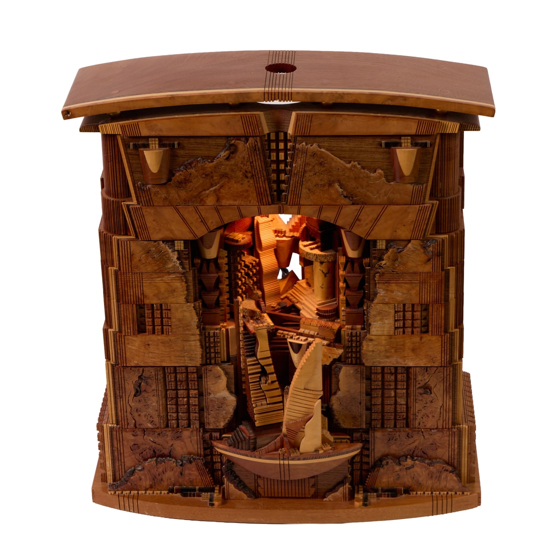 Po Shun Leong "Landscape" Architectural Wood Box: Po Shun Leong (British, b. 1941). Carved decorative wood art box with lighting component titled "Landscape." Crafted from the following woods: cherry burl, mahogany, buckeye, holly, Pernambuco, ebony,
