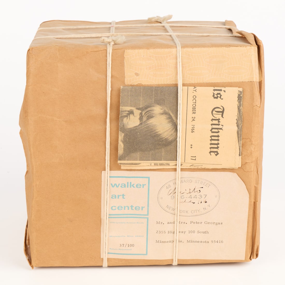 Christo "Wrapped Box" Sculpture 1966: Christo (American/Bulgarian, 1935-2020). Conceptual art sculpture of a cardboard box wrapped in brown paper and twine titled "Wrapped Box," 1966. With a Walker Art Center label adhered along the