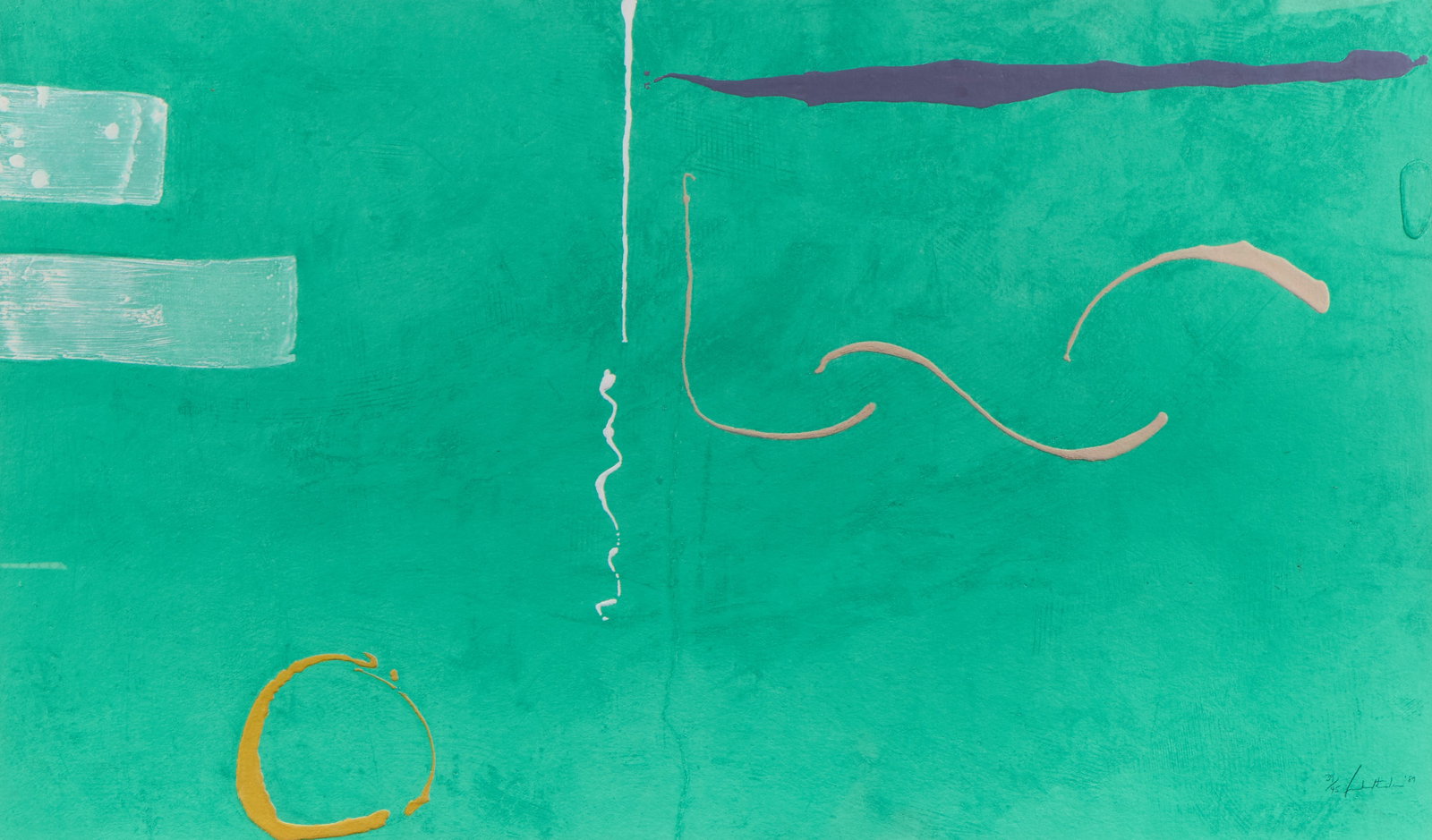 Helen Frankenthaler "Tahiti" Mixografia 1989: Helen Frankenthaler (American, 1928-2011). Mixografia in colors on handmade paper print titled "Tahiti," 1989. Depicting a vibrant green background punctuated by minimal abstract elements. Featuring