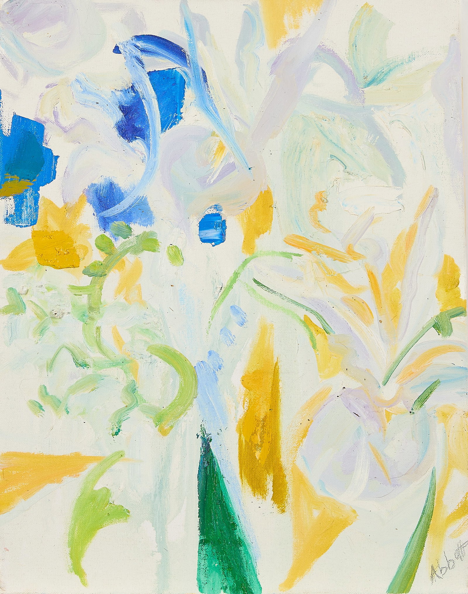 Mary Abbott "April Seringetti" Abstract Painting: Mary Lee Abbott (American, 1921-2019). Oil on canvas abstract floral painting titled "April Seringetti." Pencil signed along the lower right. Further pencil signed and titled along the verso. With