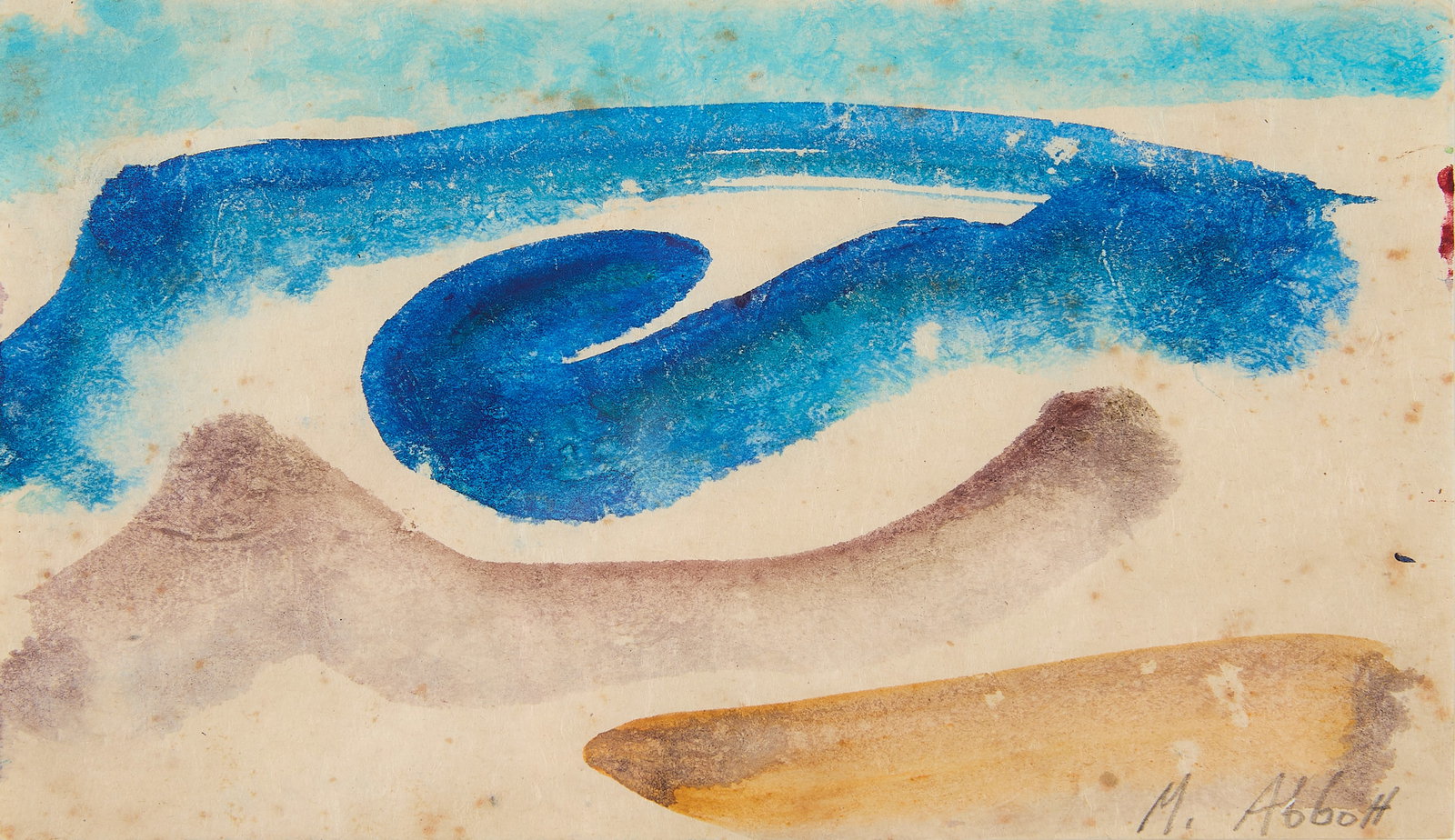 Mary Abbott AbEx Landscape Watercolor Painting: Mary Lee Abbott (American, 1921-2019). Abstract expressionist watercolor on paper painting depicting a coastal scene or ocean wave crashing against the shore. Pencil signed along the lower right. As
